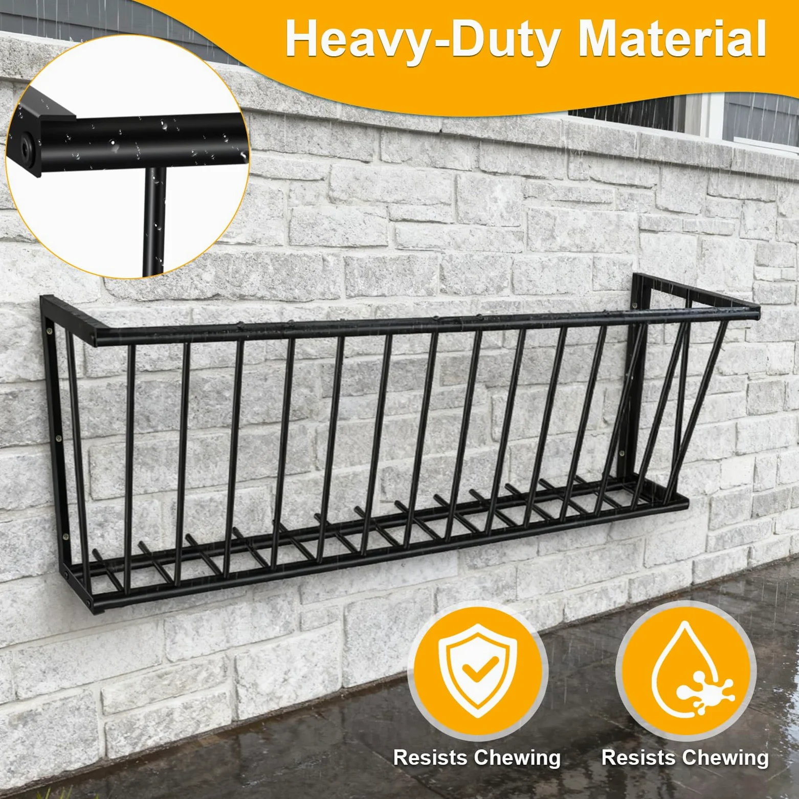 Alimentador de heno de metal para montaje en pared, 60 pulgadas de largo, 65 galones, comedero para ganado, cabras, caballos, ganado, estante para heno para interiores y exteriores