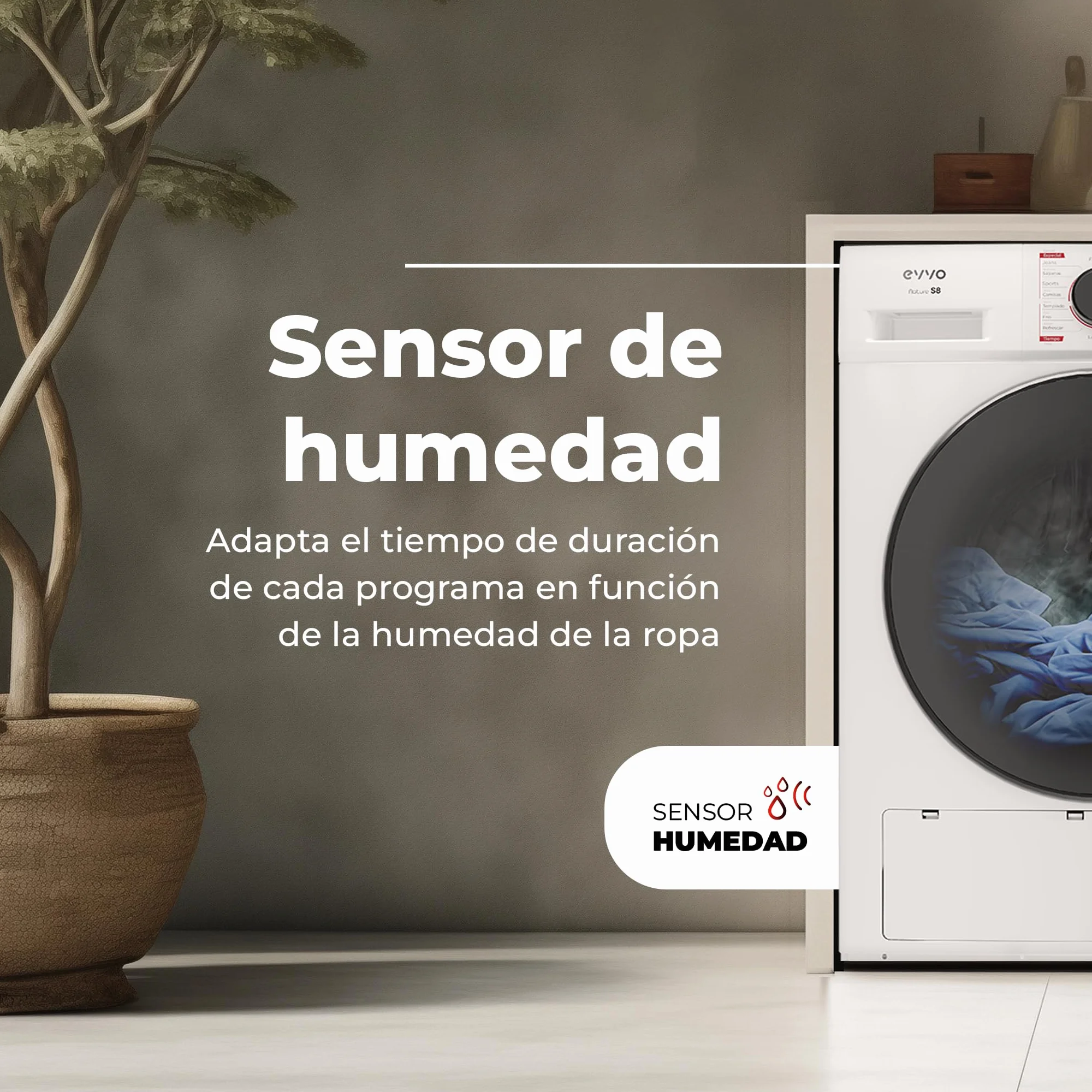 EVVO Secadora de Ropa Nature S8 E 8kg Bomba de Calor Sensor Humedad Antiarrugas Blanco