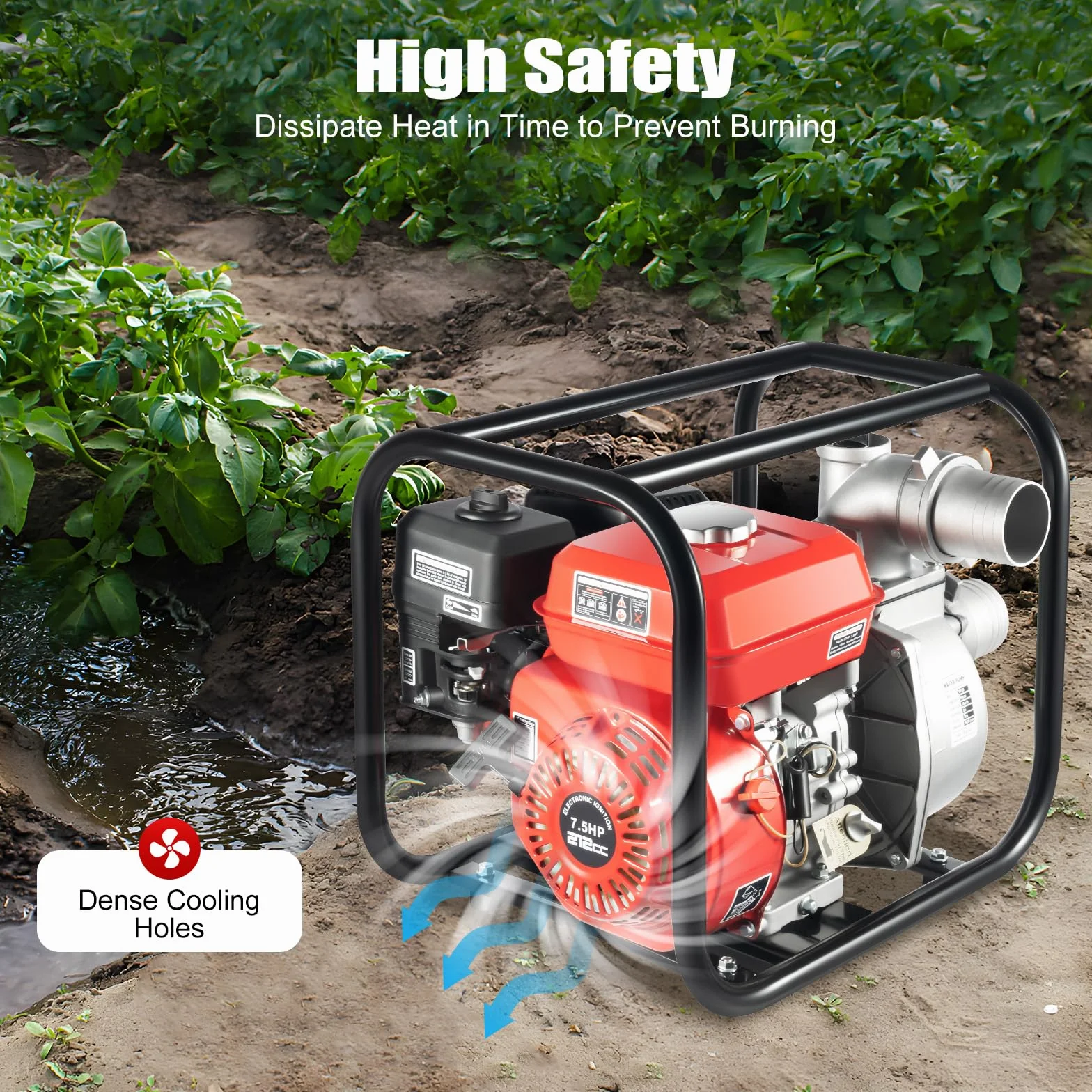 OUKANING Bomba de agua de gasolina 7,5 HP, altura de extracción de 30 m, conexión de 2 a 3 pulgadas, motor de bomba de jardín de 4 tiempos, portátil para riego, drenaje, agricultura y bomberos (tipo B
