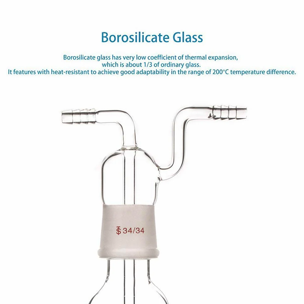 stonylab Botella de Lavado de Gas, Vidrio de Borosilicato Tapón de Gas 34/34 Gas Burbujeador Botella de Lavado con Disco Fritado y Entrada de 8 mm de Diámetro Exterior/Mangueras de Salida, 250 ml