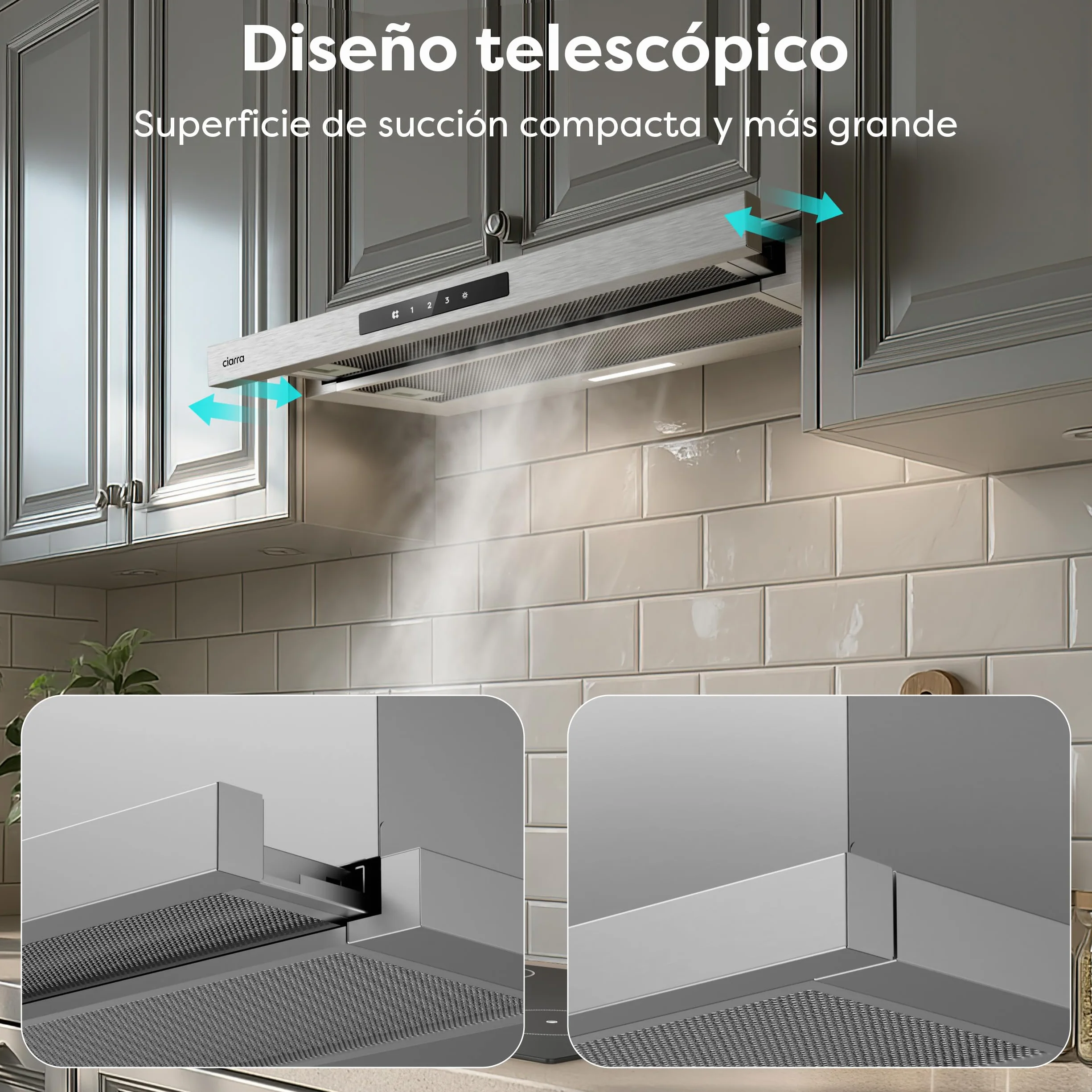 CIARRA CBCS6909A Campana Extractora Telescópica 60 cm 600 m³/h Clase A+ Acero Inoxidable Control Táctil LED