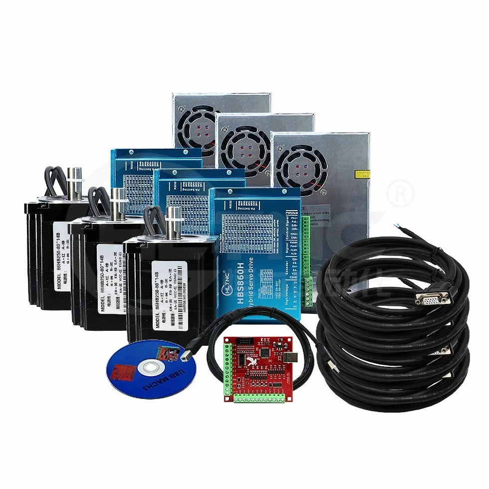 8.5N Set 3 Kit CNC NEMA34 Motor con circuito cerrado 86HSE 6A Hybrid Nema 34 HBS86H & 400W DC Fuente de alimentación + 4 ejes MACH3 tarjeta controladora USB