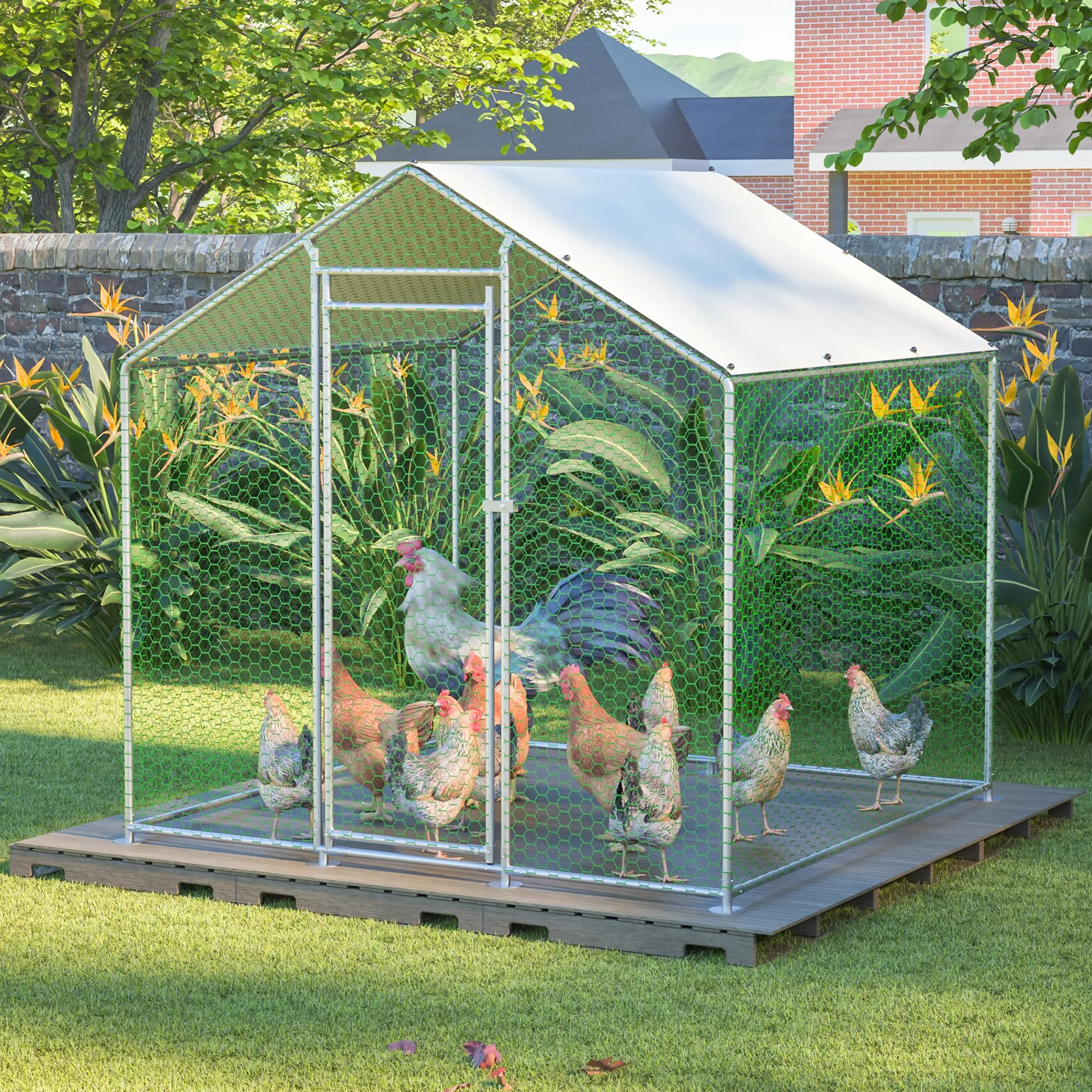 Redkid Corral Metálico para Gallinas 4m² 2x2x2m, Recinto Exterior para Gallinas, Conejos y Pequeños Animales, Lona PE Impermeable, Cierre de Seguridad