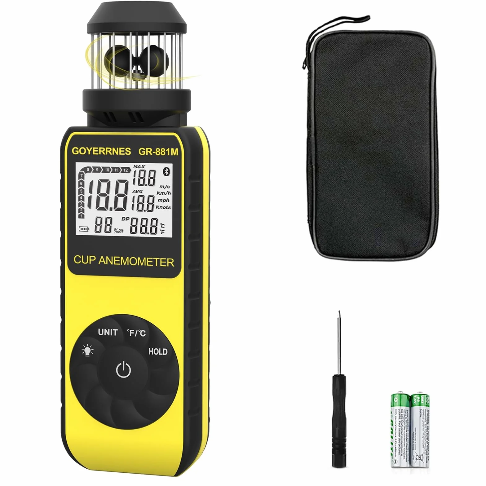 Anemómetro Digital Portátil GR-881M con Brújula Medir Velocidad del Viento Temperatura Volumen de Aire