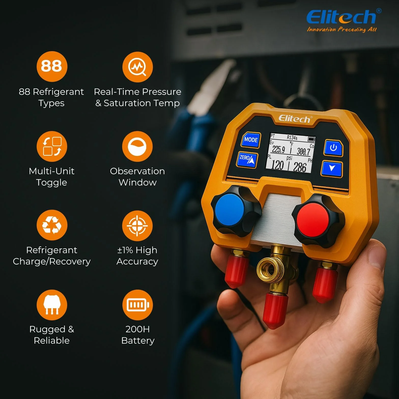 Elitech Manómetro Digital HVAC DMG-2SE Medición Presión Temperatura 3 Puertos Pantalla LCD R410A R454B R134