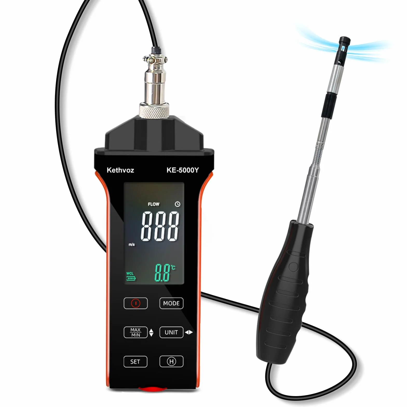 Anemómetro digital Kethvoz KE-5000Y HVAC medidor velocidad del viento CFM CMM 0-999900 ft3/min Temperatura Humedad