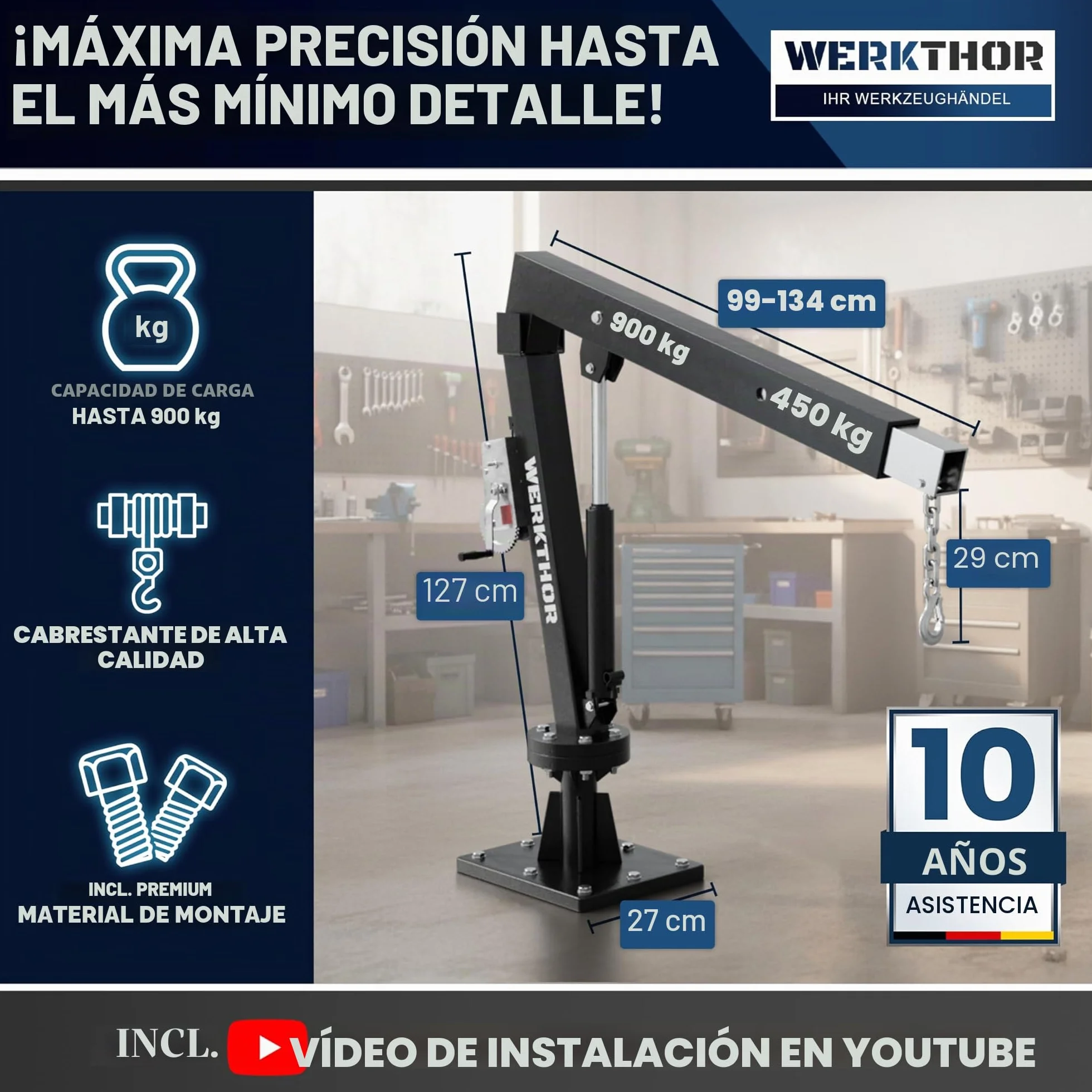 WERKTHOR Grúa de carga para Pick Up 900 kg con cabrestante e hidráulica – Grúa Pick Up para remolque y plataforma giratoria 360° – Mini grúa incl. material de montaje y base sólida – Grúa de taller