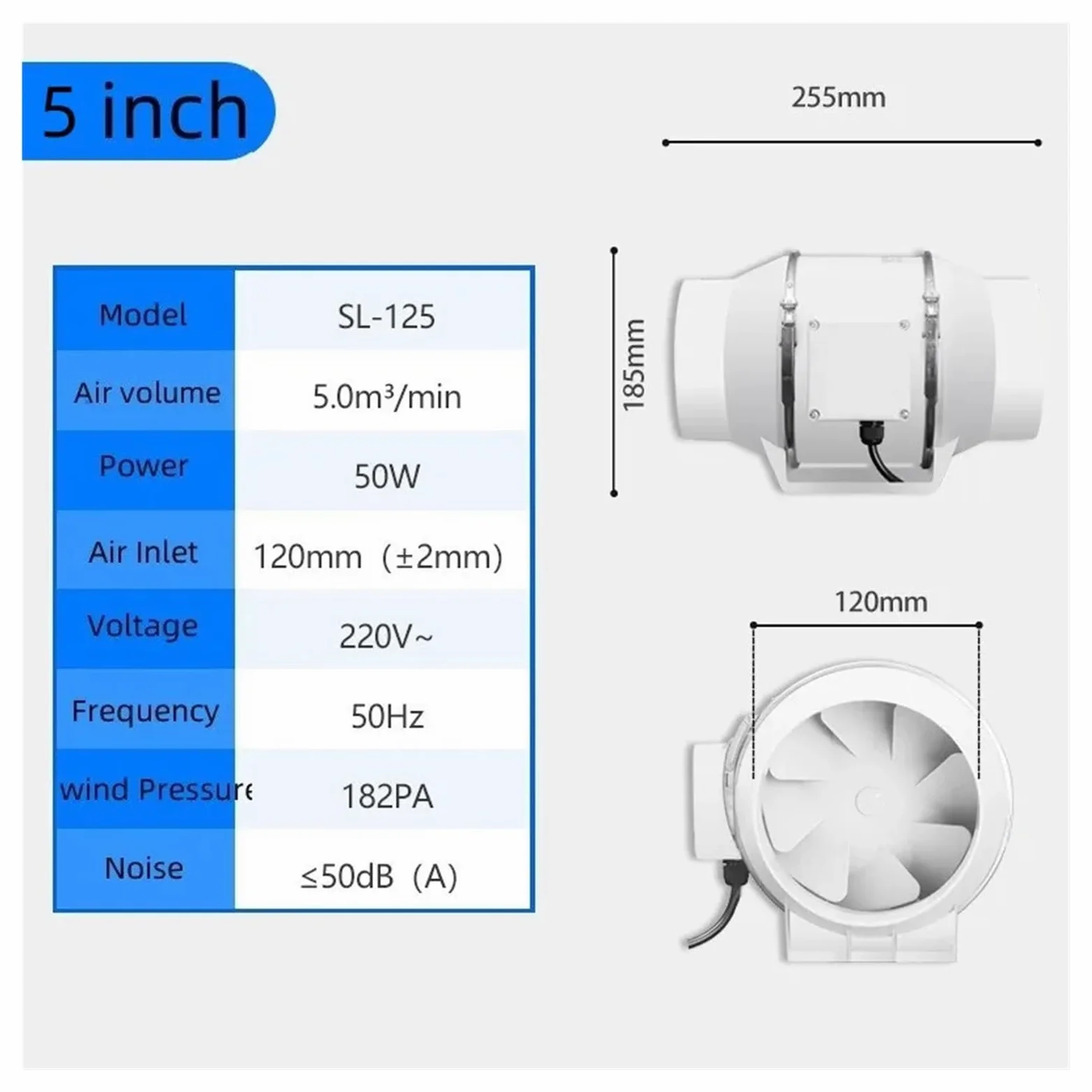 1 ventilador de extracción de 4 pulgadas, 220 V, silencioso, for conducto de tubería doméstica.(5 inch)