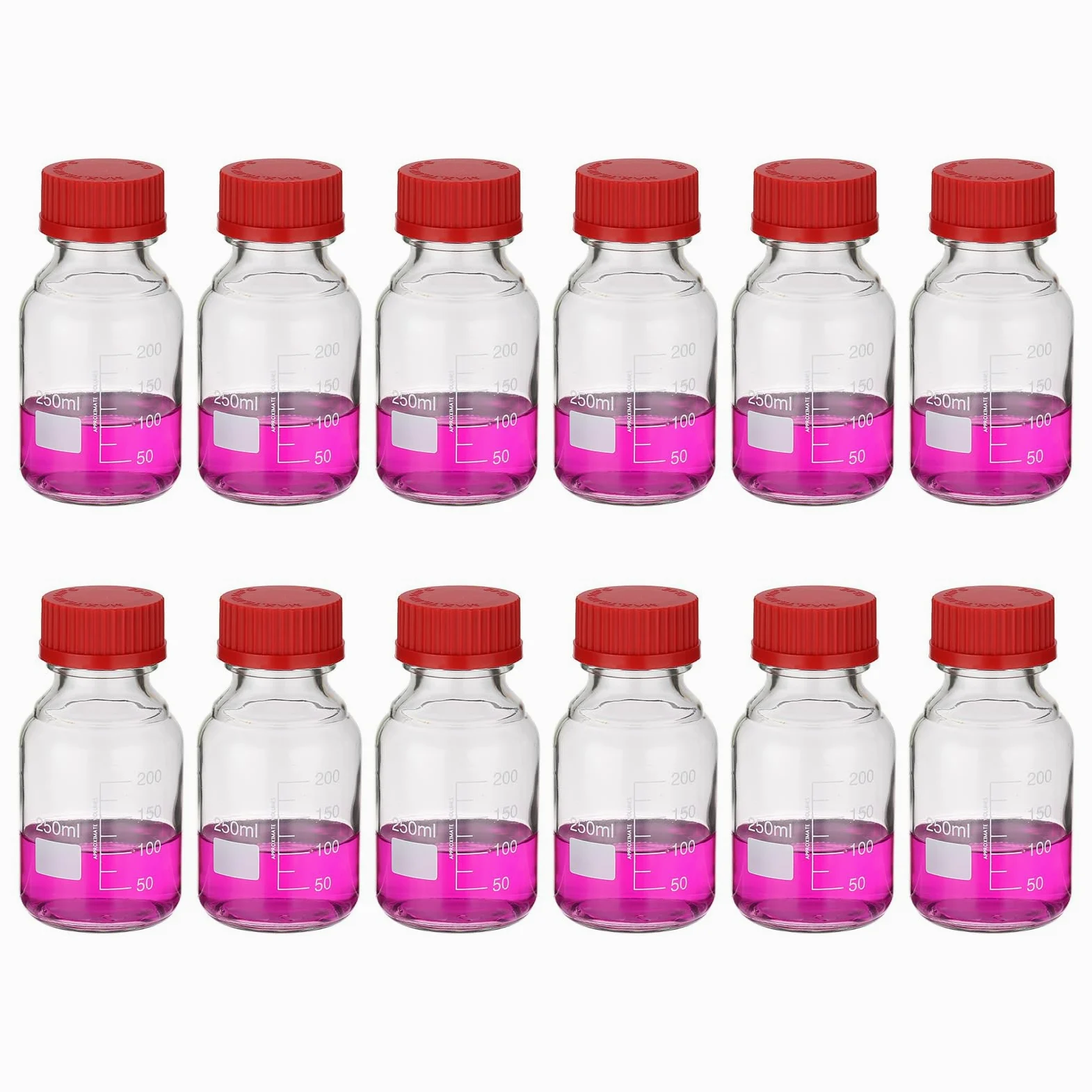 PATIKIL 12 Piezas Frascos De Almacenamiento Para Medios Reactivos, 250ml Frascos Redondos Graduados De Vidrio Borosilicato Con Tapa Roja GL32 Para Líquidos Reactivos De Agua En.