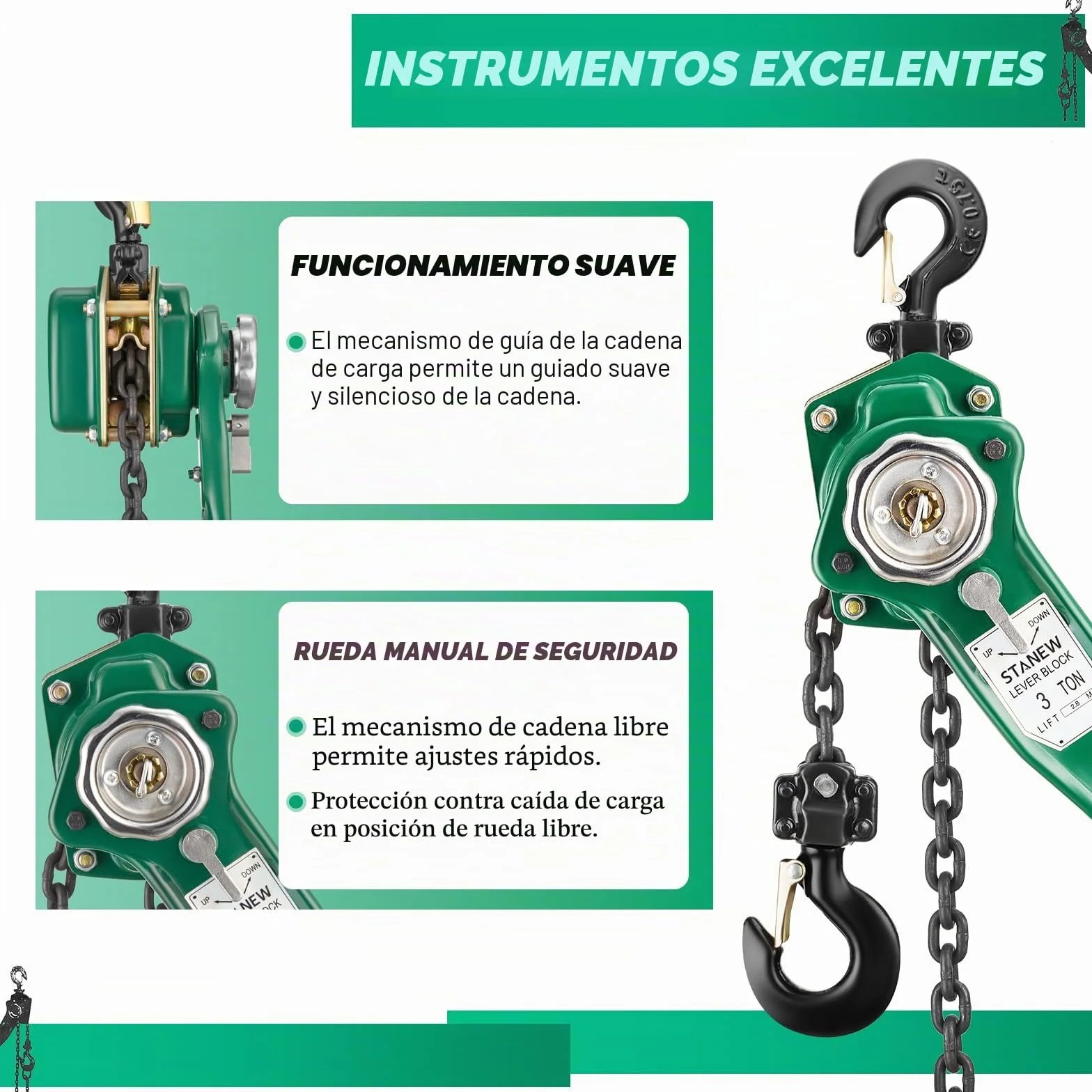 STANEW Polipasto de Cadena Manual, 3T, Cabrestante de Palanca Manual, Cadena G80, 2.8 m de Elevación Máxima, Polipasto industrial de Cadena
