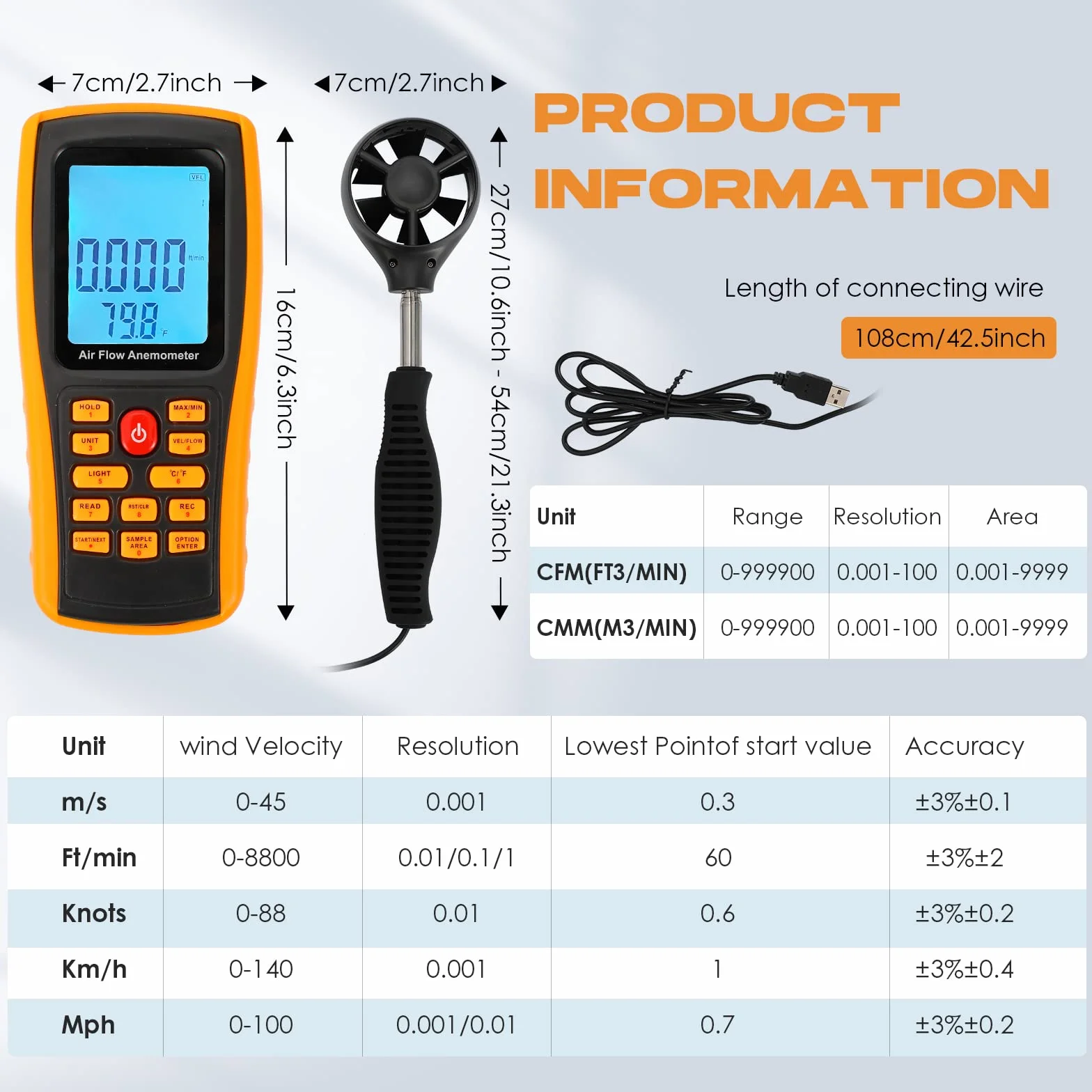 Bonvoisin Anemómetro de mano CFM CMM Medidor velocidad flujo aire pantalla LCD retroiluminada HVAC conducto