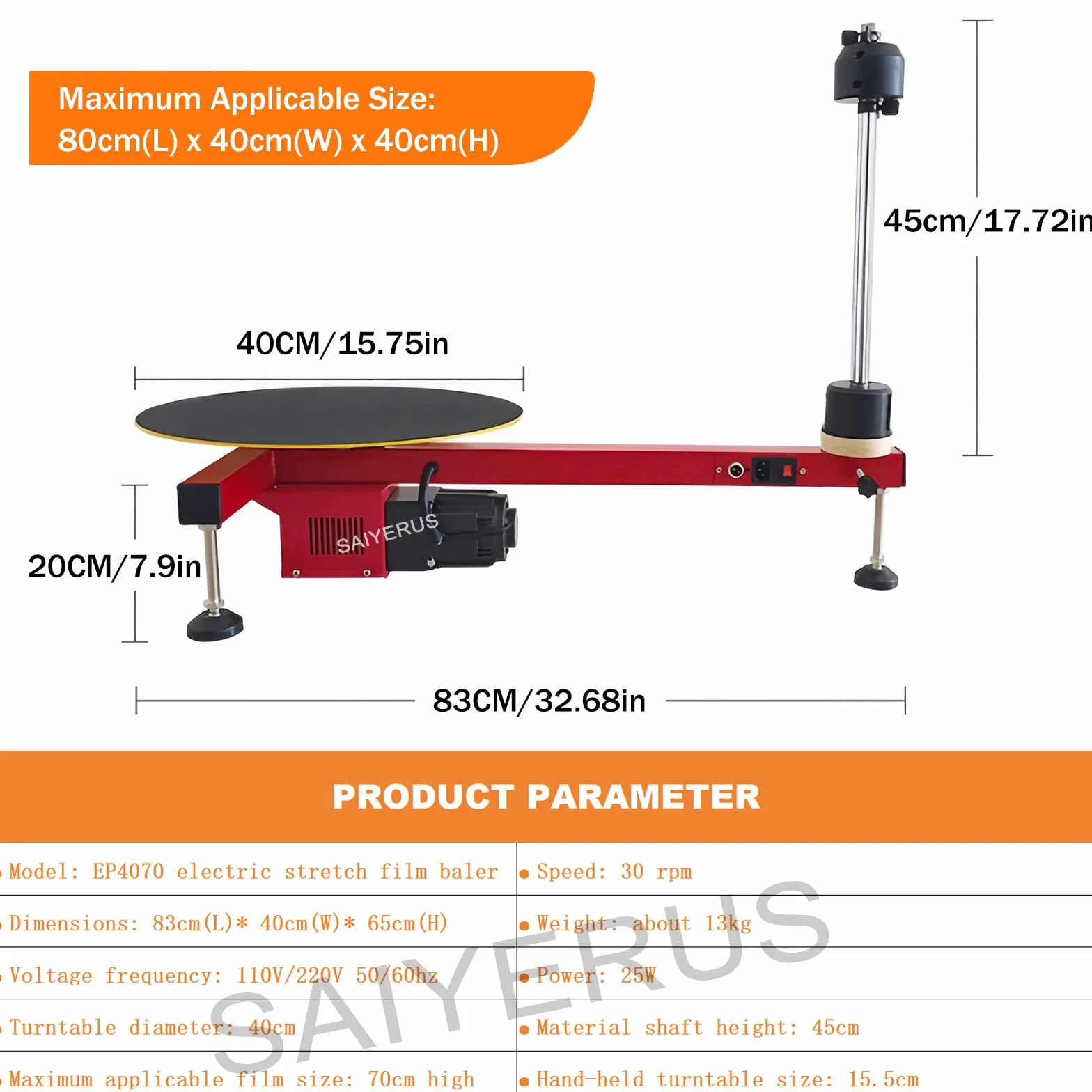 Máquina de Envoltura de Película Estirable Eléctrica, Envolvedora de Palés, Plato Giratorio de 40 CM, 30 RPM, Envolvedora de Palés para Cajas de Logística Exprés, para Película de 20-70 CM