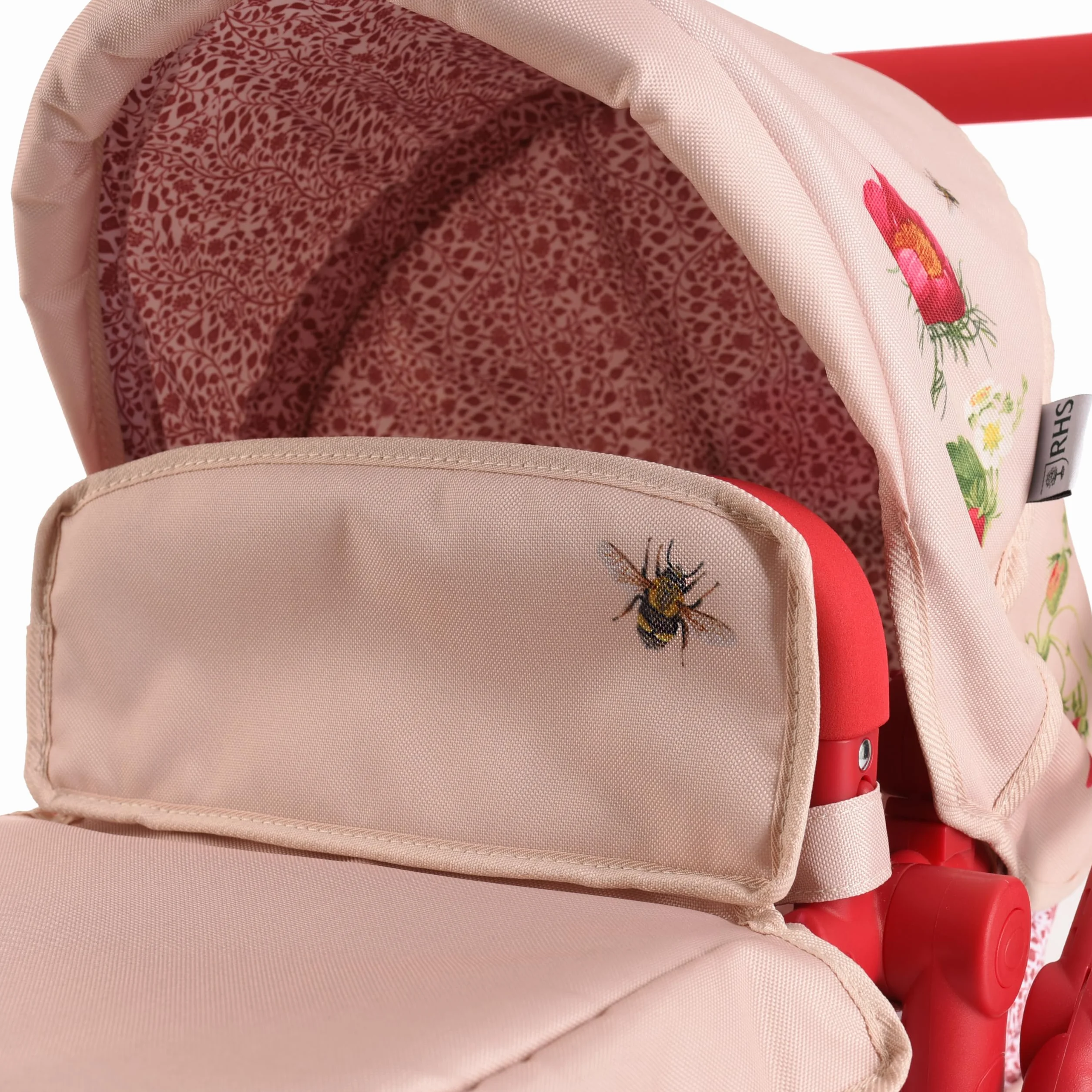 Cochecito para Muñecas Gemelas Roma RHS Flora, Silla de Paseo Doble, Color Crema y Rojo Baya, Manillar Ajustable 69-84 cm