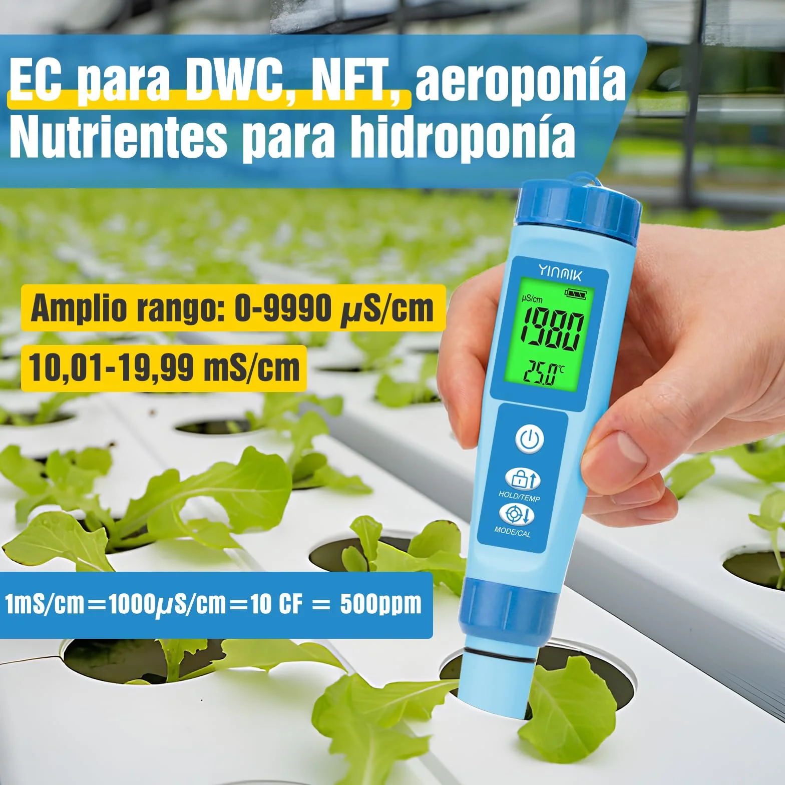 Medidor de pH y EC Hidropónico 4 en 1, Comprobador Digital de pH PPM y TDS