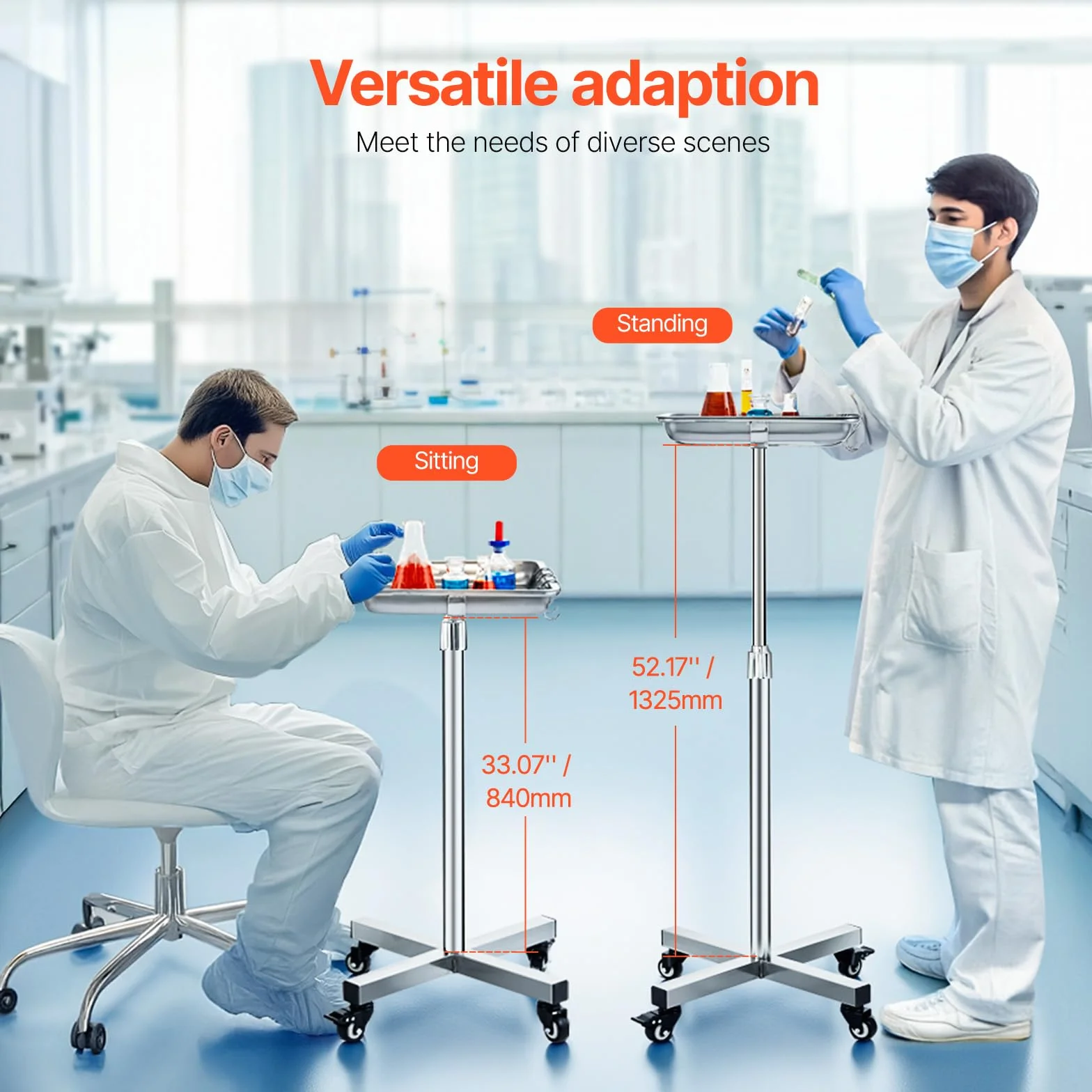 VEVOR Carro de Laboratorio Acero Inoxidable 16 kg Altura Ajustable 84-132,5 cm Bandeja Médica Extraíble