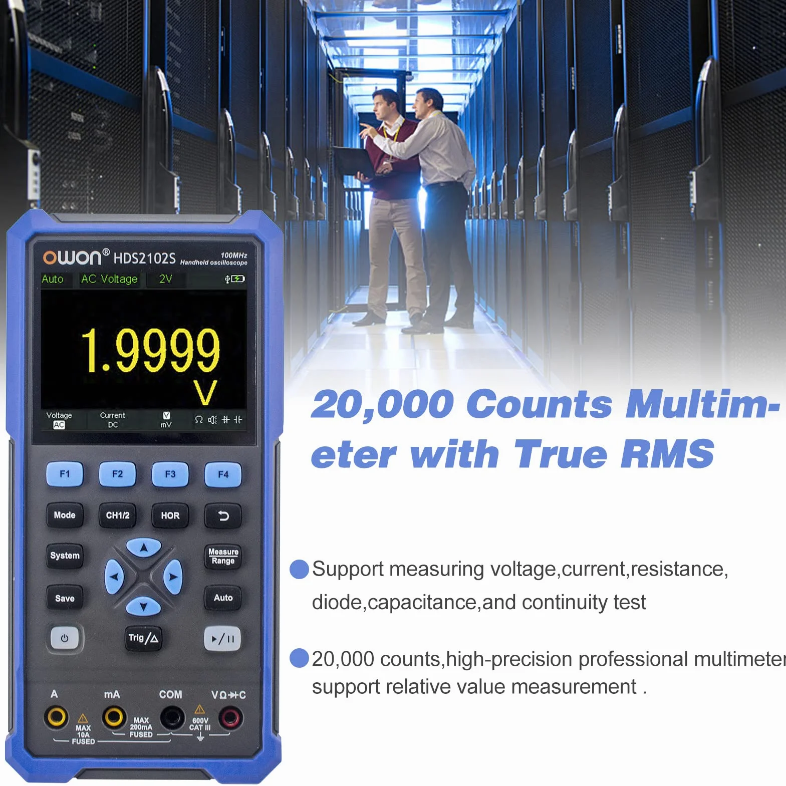 OWON HDS2102S - Osciloscopio portátil de 2 canales de 100 MHz ancho de banda 20000 cuentas multiumeter OSC + DMM + generador de forma de onda