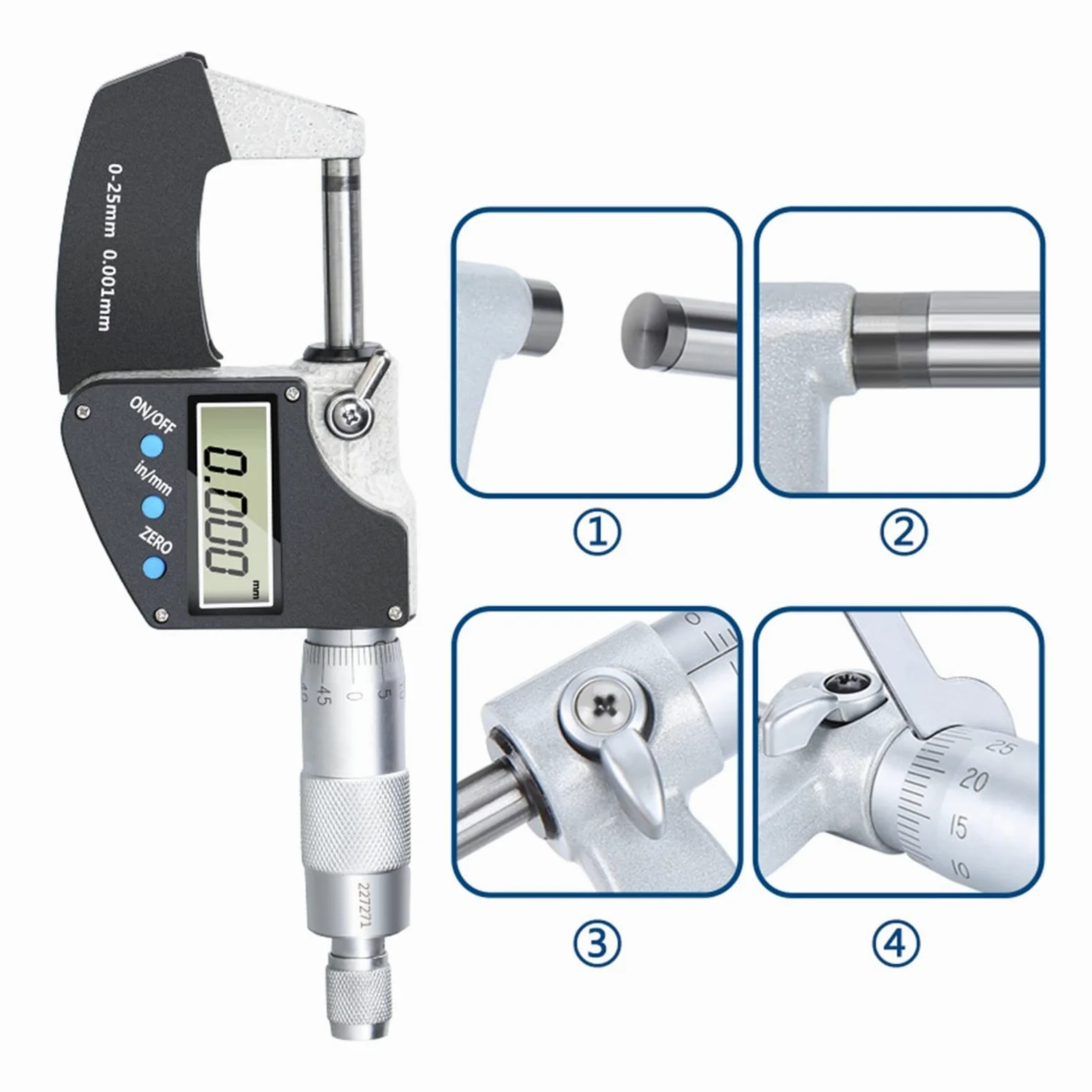 Calibrador digital de micrómetro 0.001mm 0-25/50/75 100mm Micrómetro exterior electrónico con LCD Herramientas medición calibre pantalla,Alta precisión(25-50mm)