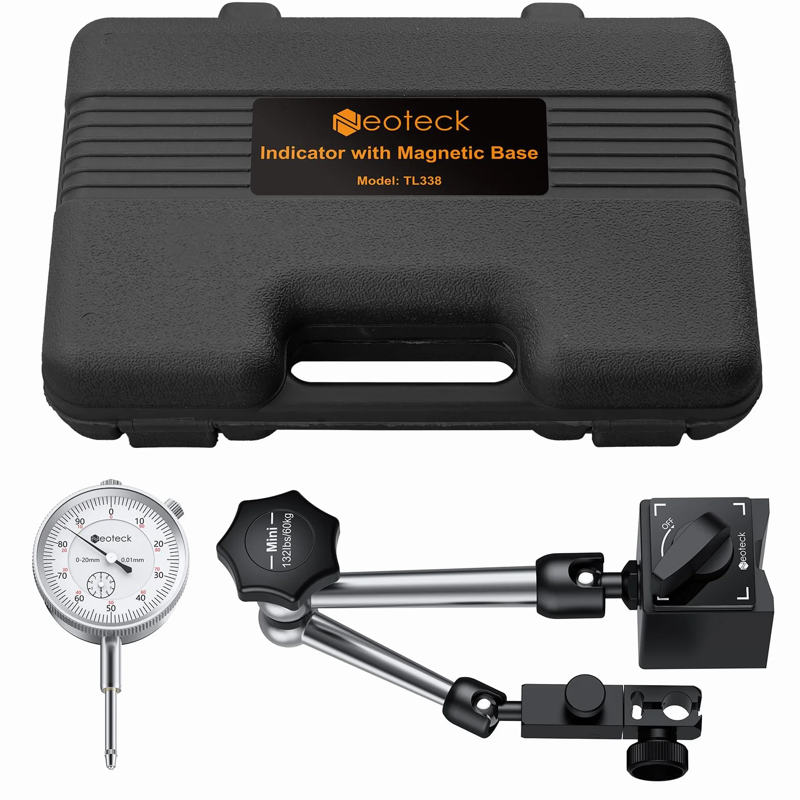 Neoteck Reloj Comparador 0-20mm Indicador de Cuadrante 0.01mm con Base Magnética 132lbs/60kg para Torno CNC Impresora 3D