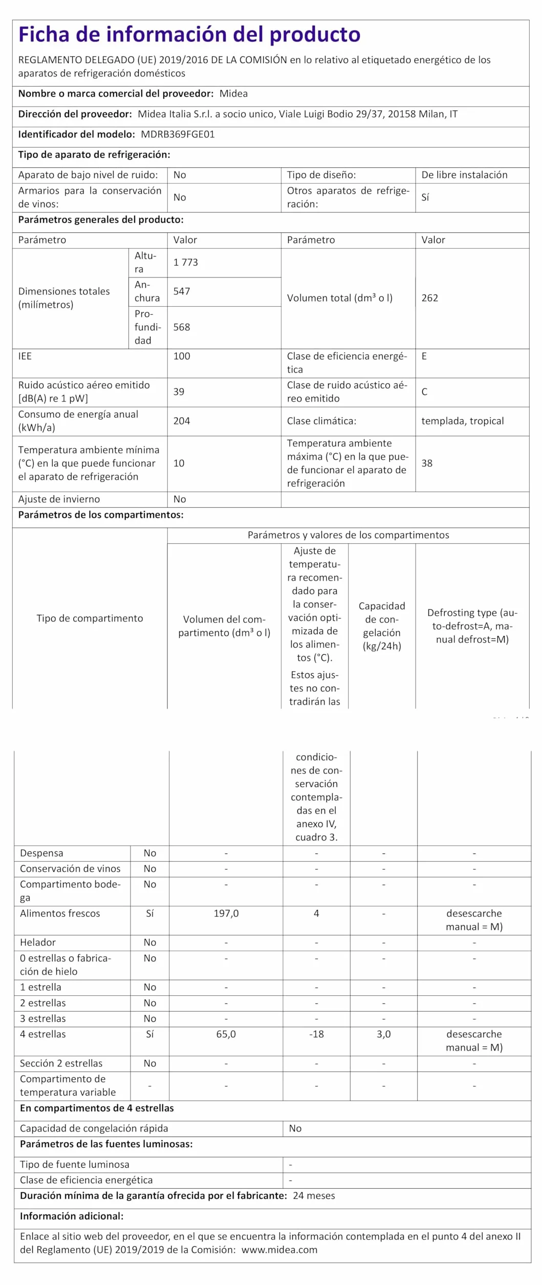 Midea Frigorífico Combi Blanco 262 L 55x177 cm Congelador 65L Low Frost Nevera Combi