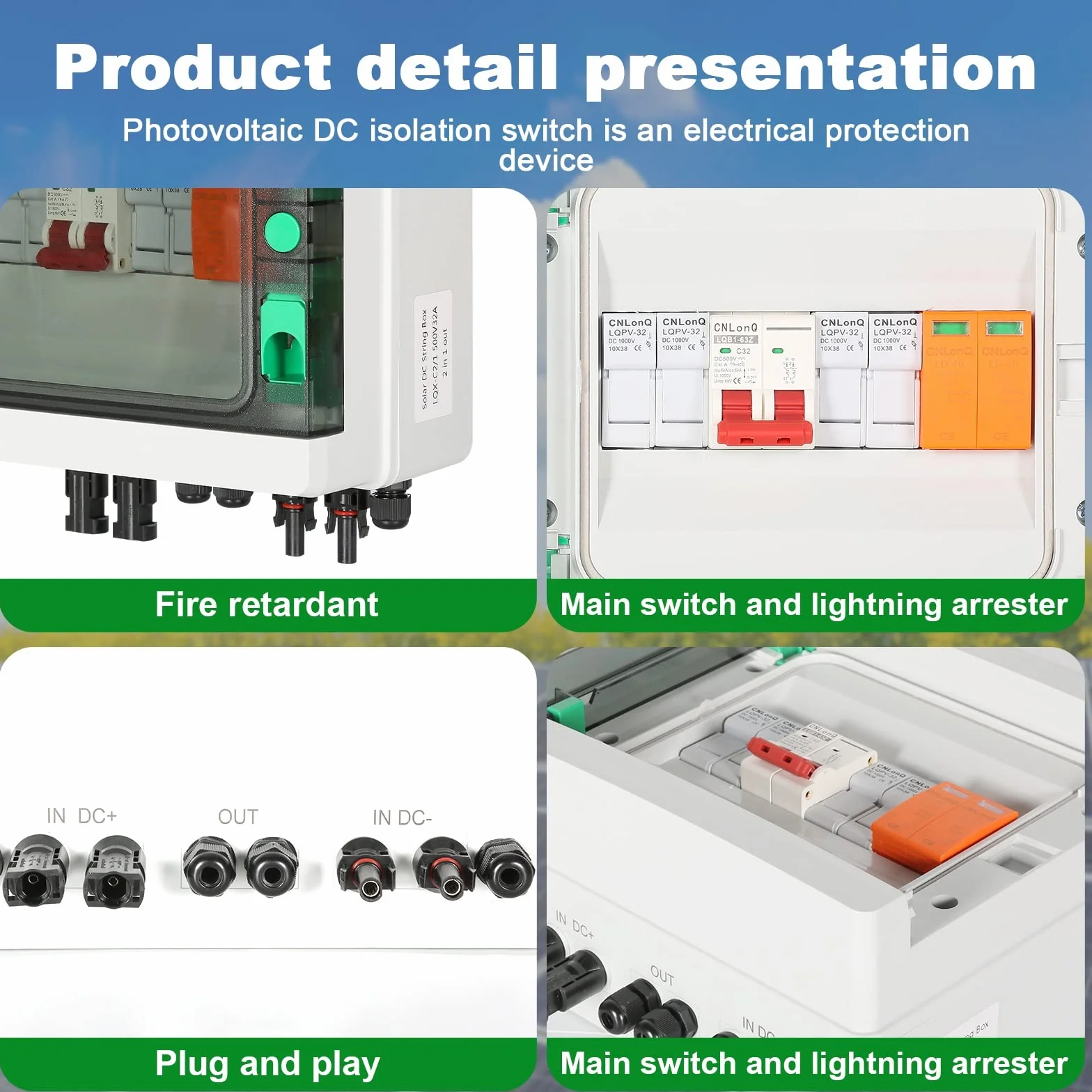 DEWIN Caja Combinadora Solar Fotovoltaica, 500V 32A 2 Cuerdas PV DC Disyuntor Caja Combinadora de PV Solar 2 en 1 Salida Caja de Distribución de IP65 Impermeable, para Sistemas Solares Fotovoltaico