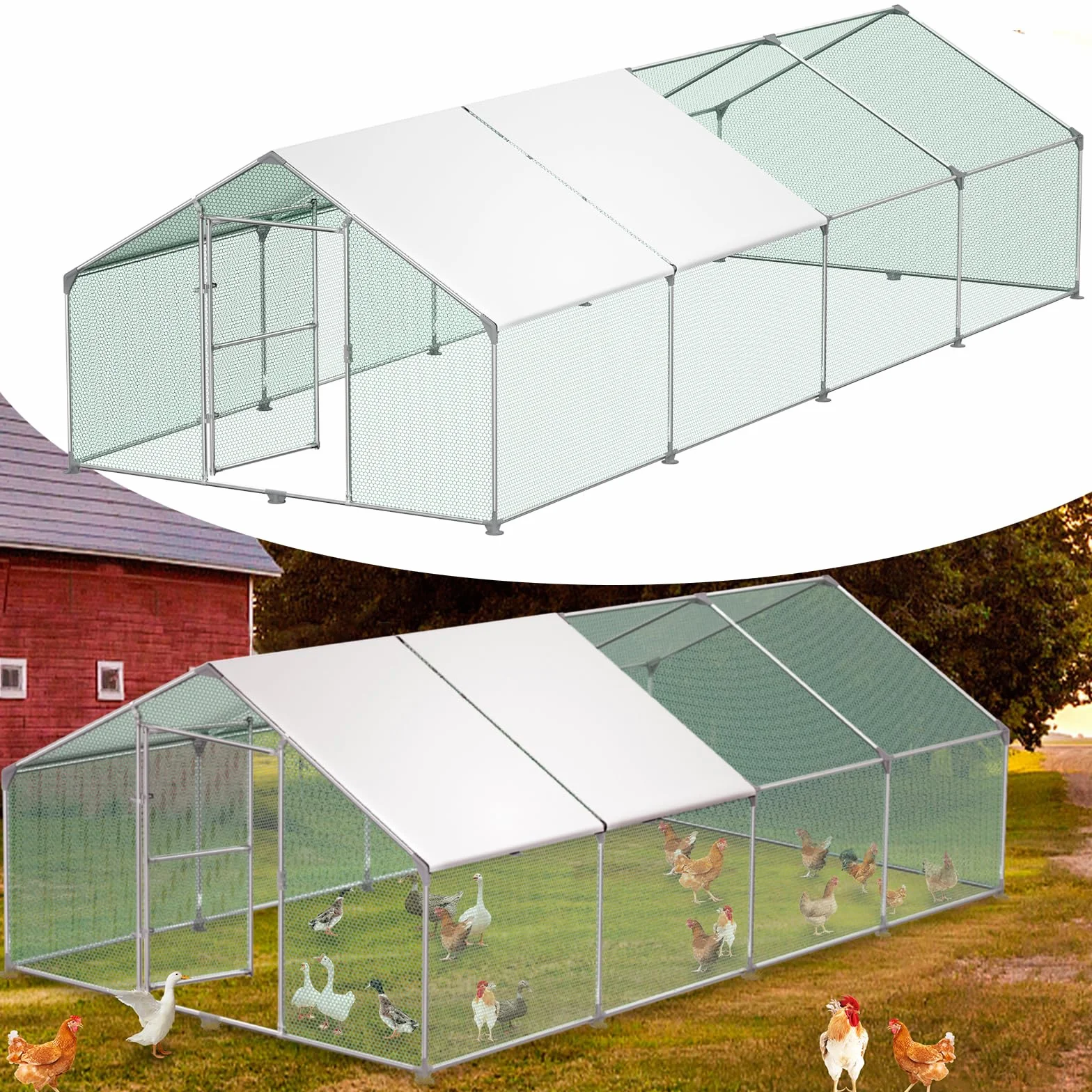 Recinto para gallineros, jaula para gallineros, gallineros con cerradura, gallinero de acero galvanizado con techo de sombra de polietileno, aviario para jaula de pollos, animales
