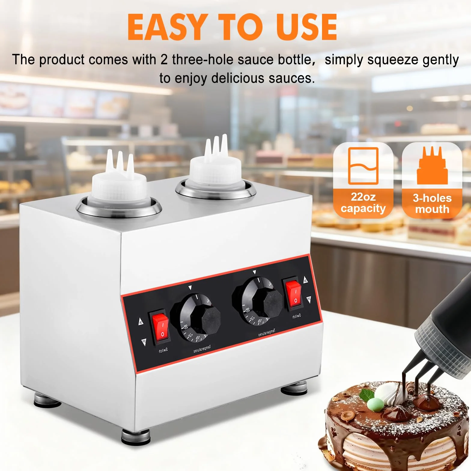 YUCHENGTECH Calentador Eléctrico de Salsas 320W Acero Inoxidable 2 Botellas 30-85℃ Dispensador de Salsa Eléctrica