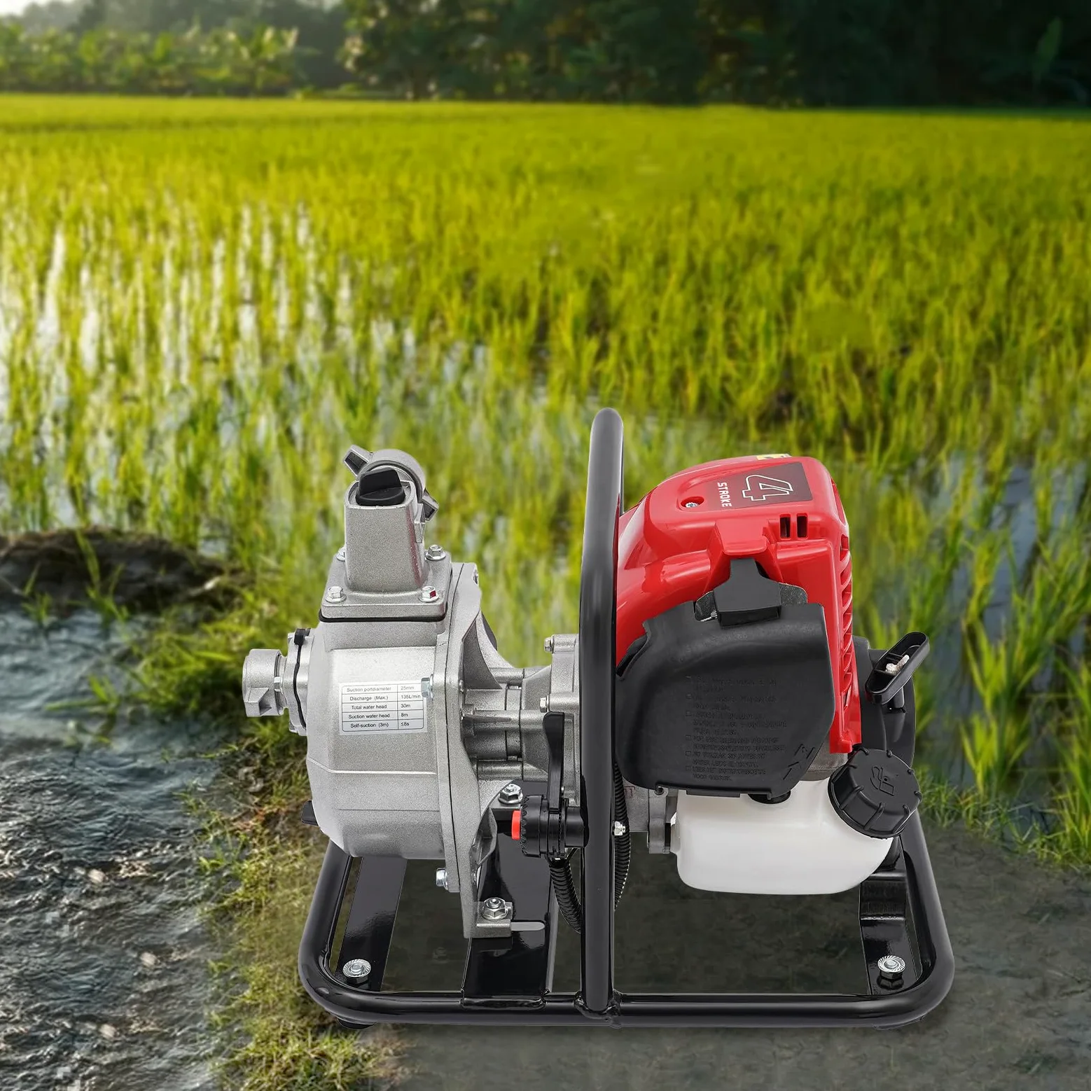 Bomba de agua de 38 cc, 1,2 kW, altura de extracción de 30 m, 8500 rpm, bomba de agua sucia con motor de 4 tiempos, bomba de gasolina, base de metal, asa de transporte