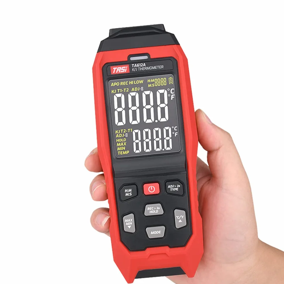 TASI TA612C Termómetro termopar tipo K/J de 4 canales -200~1372℃/ -328~2501℉ Medidor de temperatura LCD digital portátil 5000 Grupos Almacenamiento de datos con carga de datos USB y