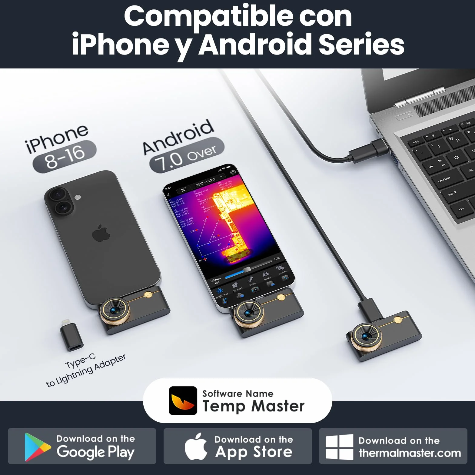 Cámara Termográfica P3 para iPhone y Android, Cámara Infrarroja, Lente Ajustable, Resolución Super IR 512 x 384, -20 ℃ – 600 ℃ Cámara Termográficas para Inspección PCB