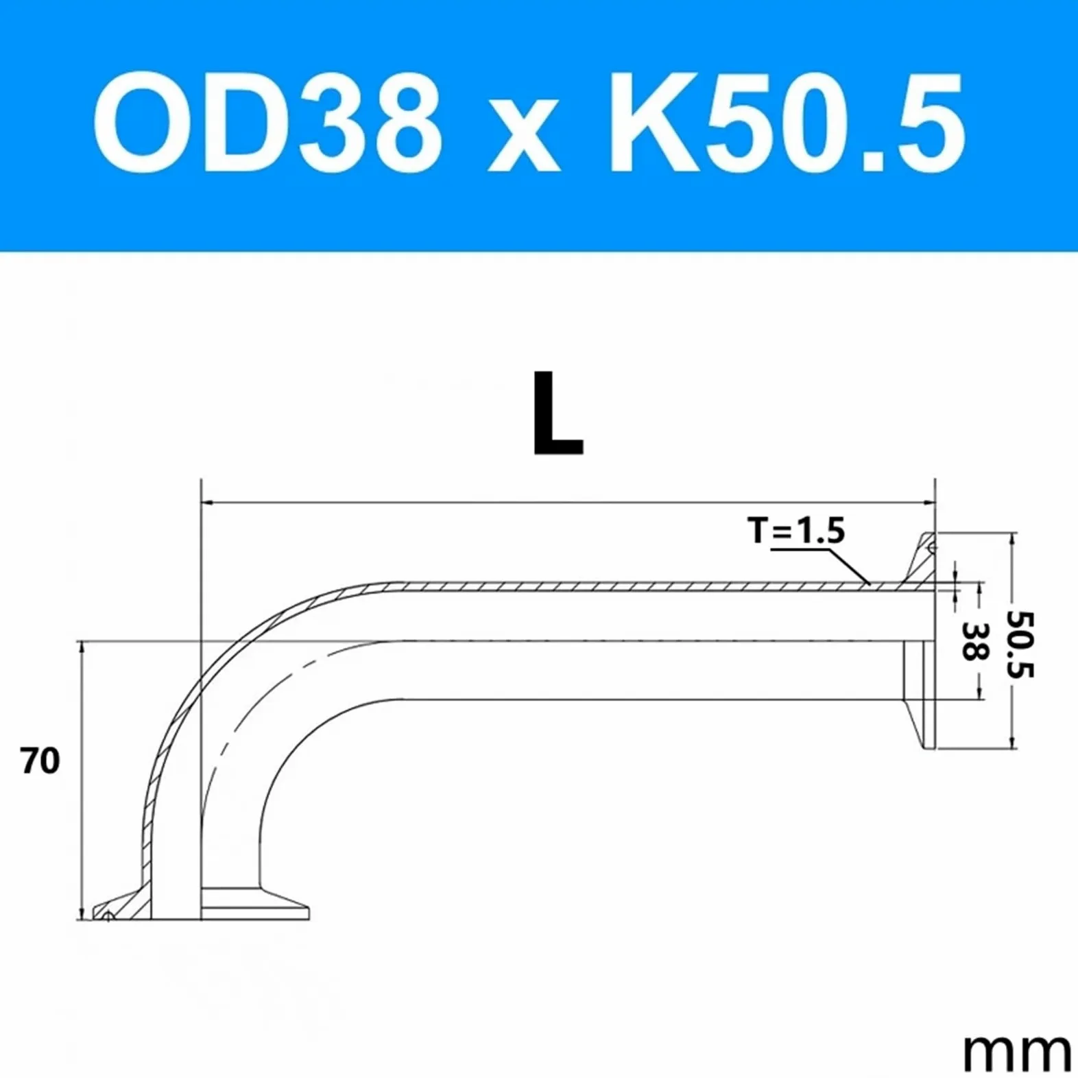 Codo de 90 Grados de Acero Inoxidable 304, Abrazadera Triple, extensión Larga, 25, 38 y 51 mm, Accesorio for tubería de 1", 1,25", 1,5" y 2"(OD38x50.5 L457mm)