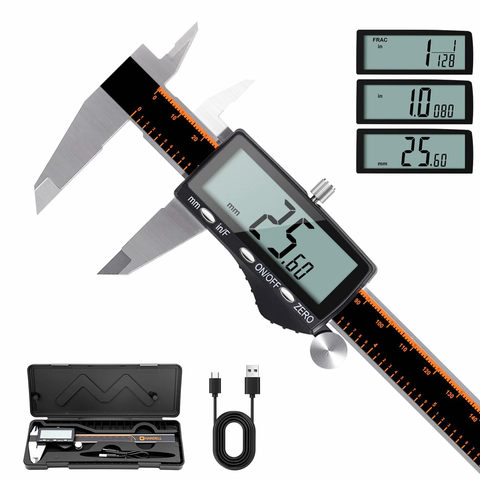 HARDELL Calibre Digital Profesional 150mm 6" Pie de Rey Recargable Acero Inoxidable LCD Pulgadas MM Fracciones