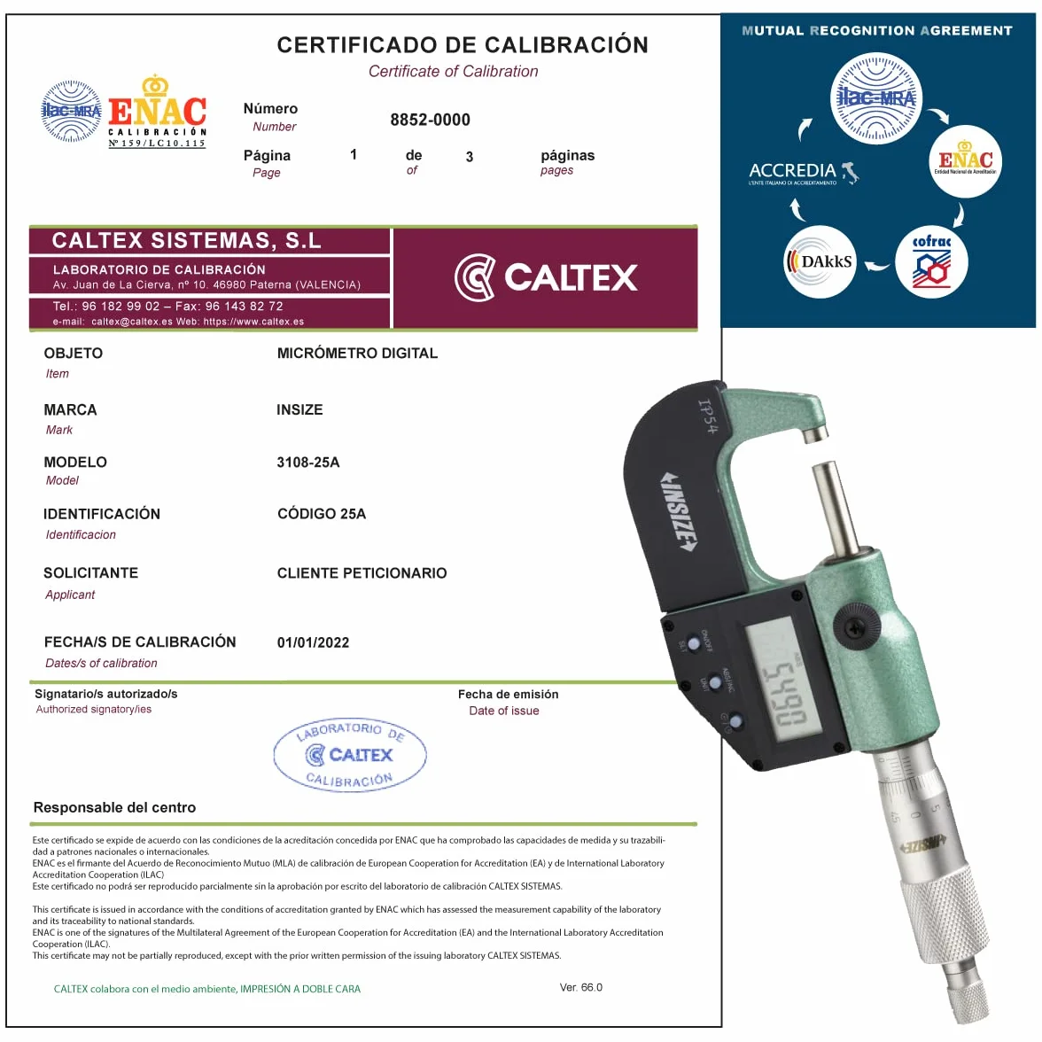 Micrómetro de exteriores INSIZE 3108-25A - Micrómetro de exteriores Calibrado ENAC - Incluye Certificado de Calibración Acreditado