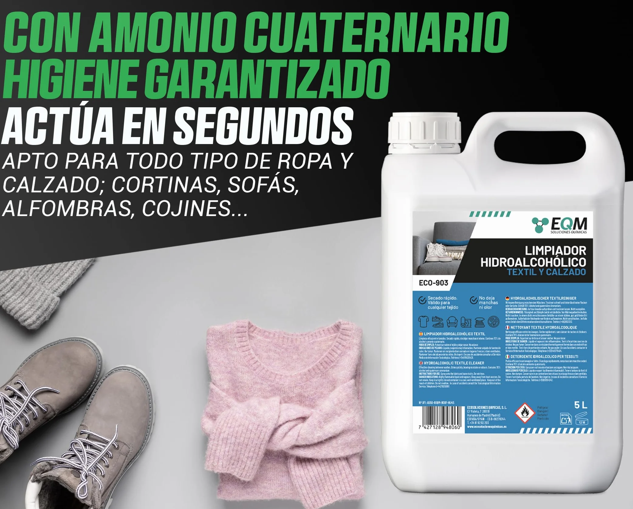 EQM ECO-903 Higienizante Textil Directa 5L Ropa Calzado Secado Rápido Acción Inmediata
