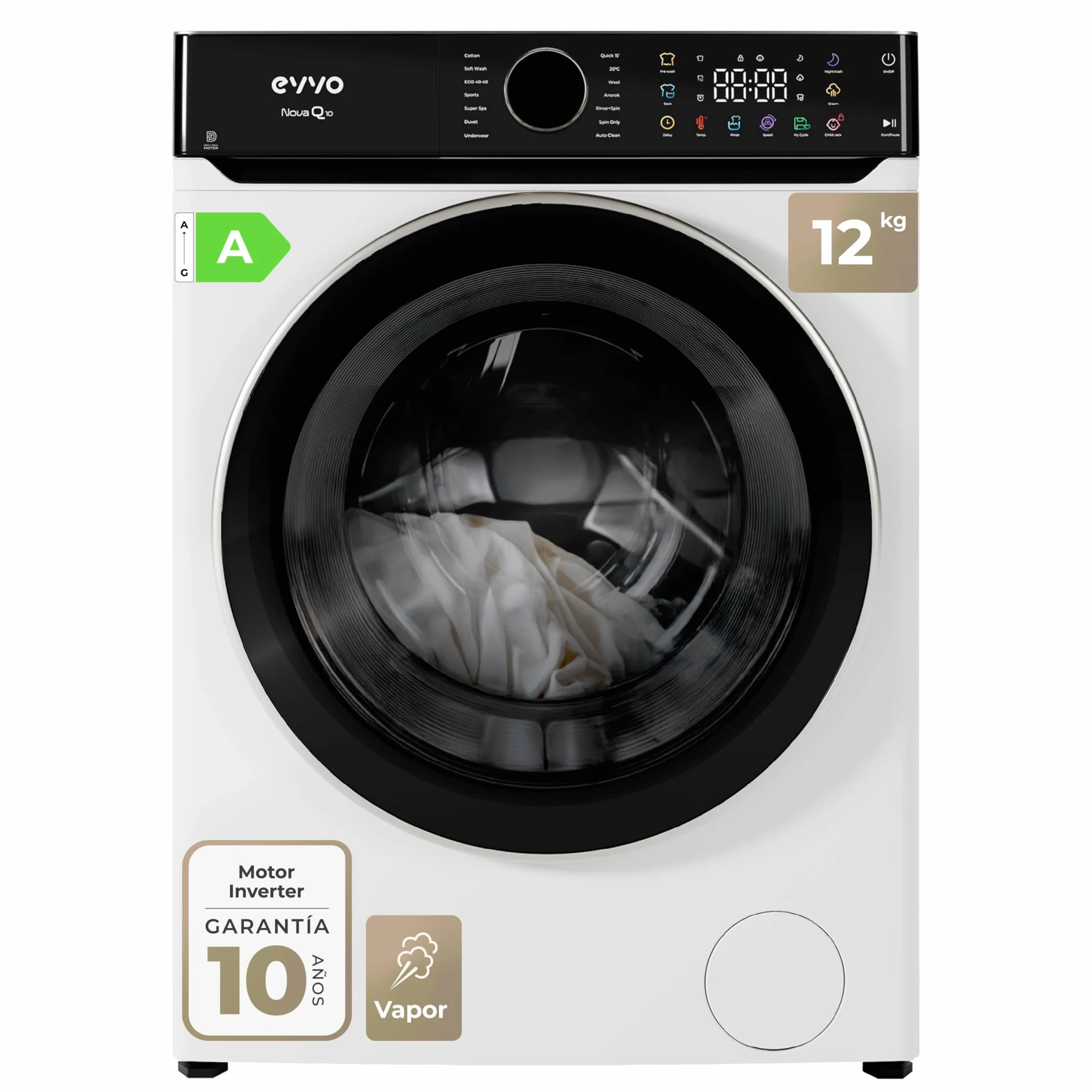 EVVO Lavadora Carga Frontal NOVA Q12 12Kg 1400 RPM Motor Inverter eDRIVE Eficiencia Energética A