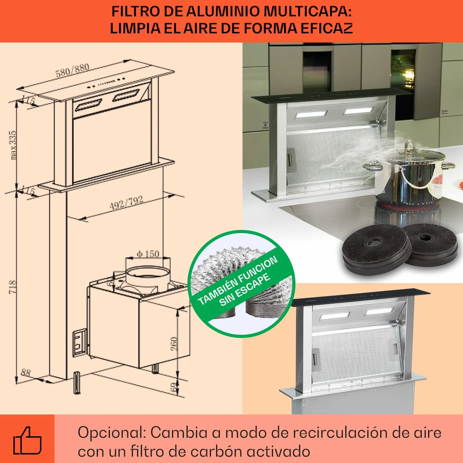 KLARSTEIN Royal Flush Downdraft Campana extractora replegable, 430 m³/h, Acero Inoxidable, 60 cm, Negro
