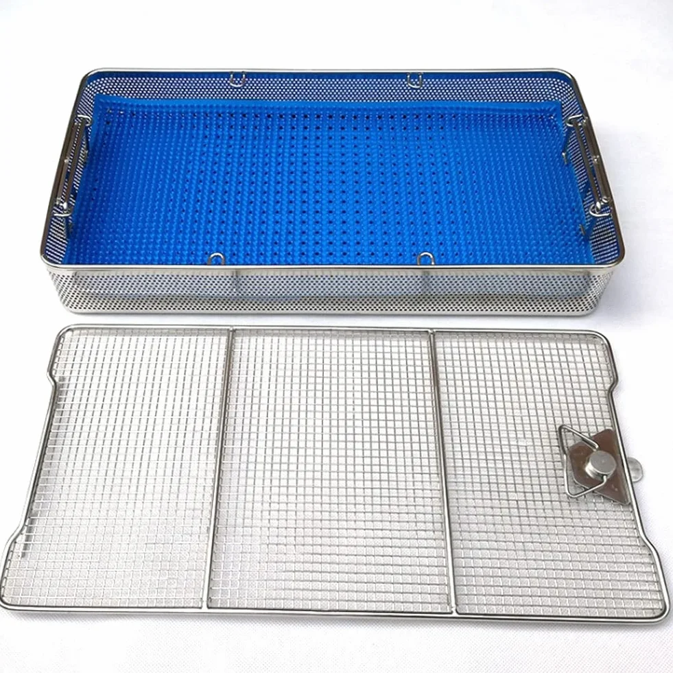 Bandeja de Instrumentos médicos, Bandeja de esterilización de cestas Perforadas de Malla con Tapa y Almohadilla de Silicona médica, para Instrumentos en el quirófano,25 * 17 * 7CM
