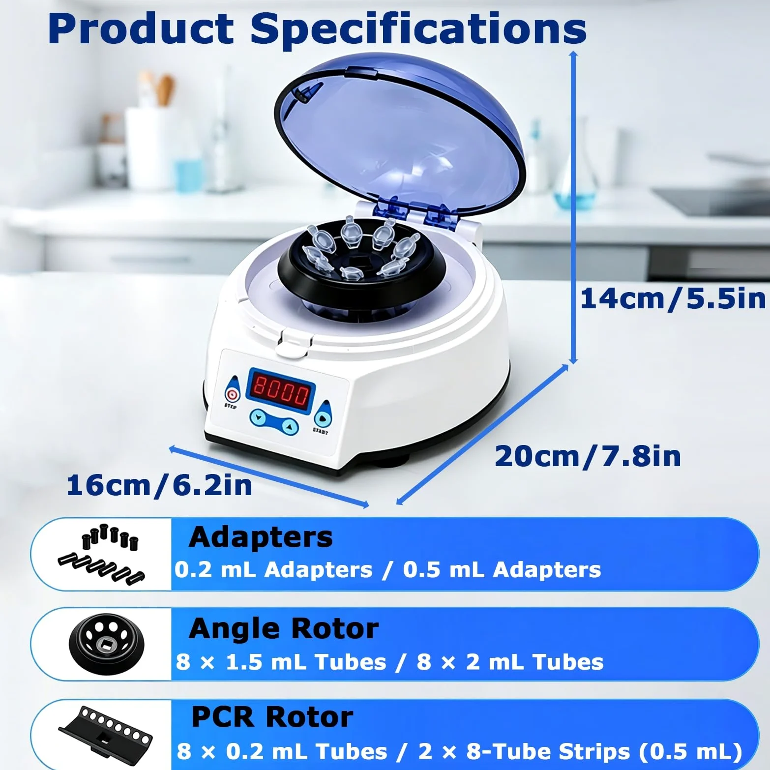 Mini máquina centrífuga con pantalla digital, función de temporizador, tubos de 0,2/0,5/1,5/2 ml for laboratorio, separación de micromuestras, investigación bioquímica(4000rpm)