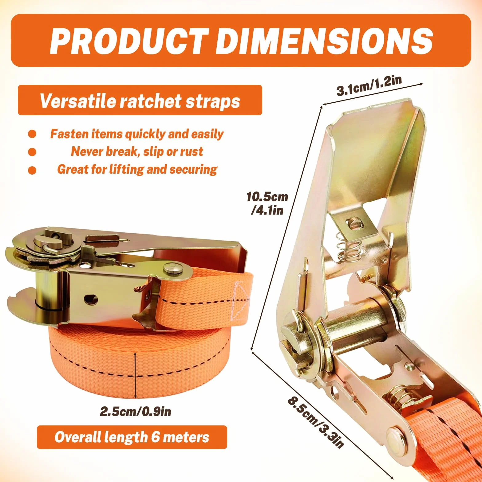 Correas De Trinquete 6m x 25mm Capacidad De Carga 800kg Tensor De Carraca Naranja