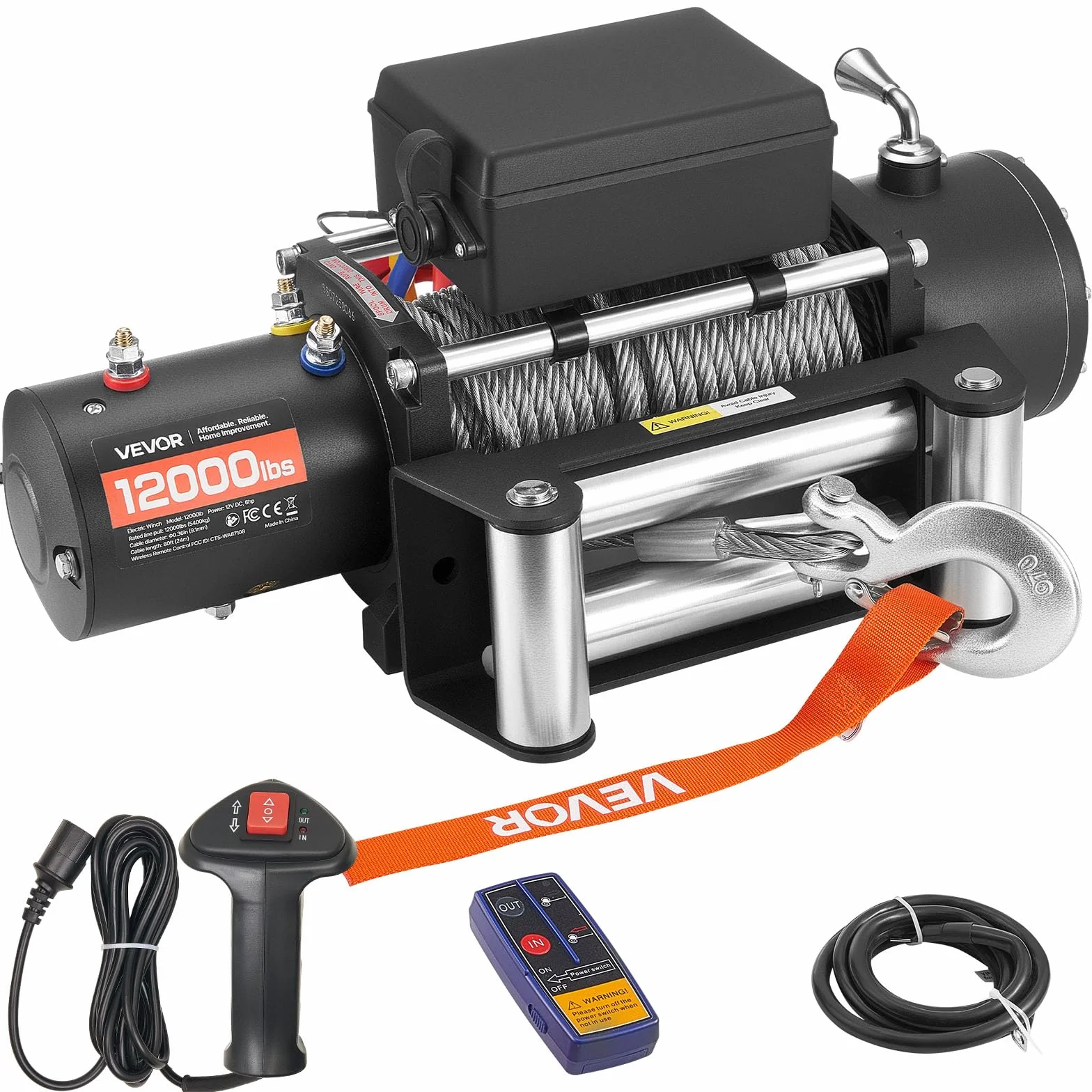 VEVOR Cabrestante Eléctrico, Fuerza Tracción Nominal 5400 kg, 12 V CC, Cable de Acero 24 m, Control Remoto Inalámbrico, IP55, para Remolcar SUV, Jeep, Remolques, Barcos y SUV, 534 x 160 x 215 mm
