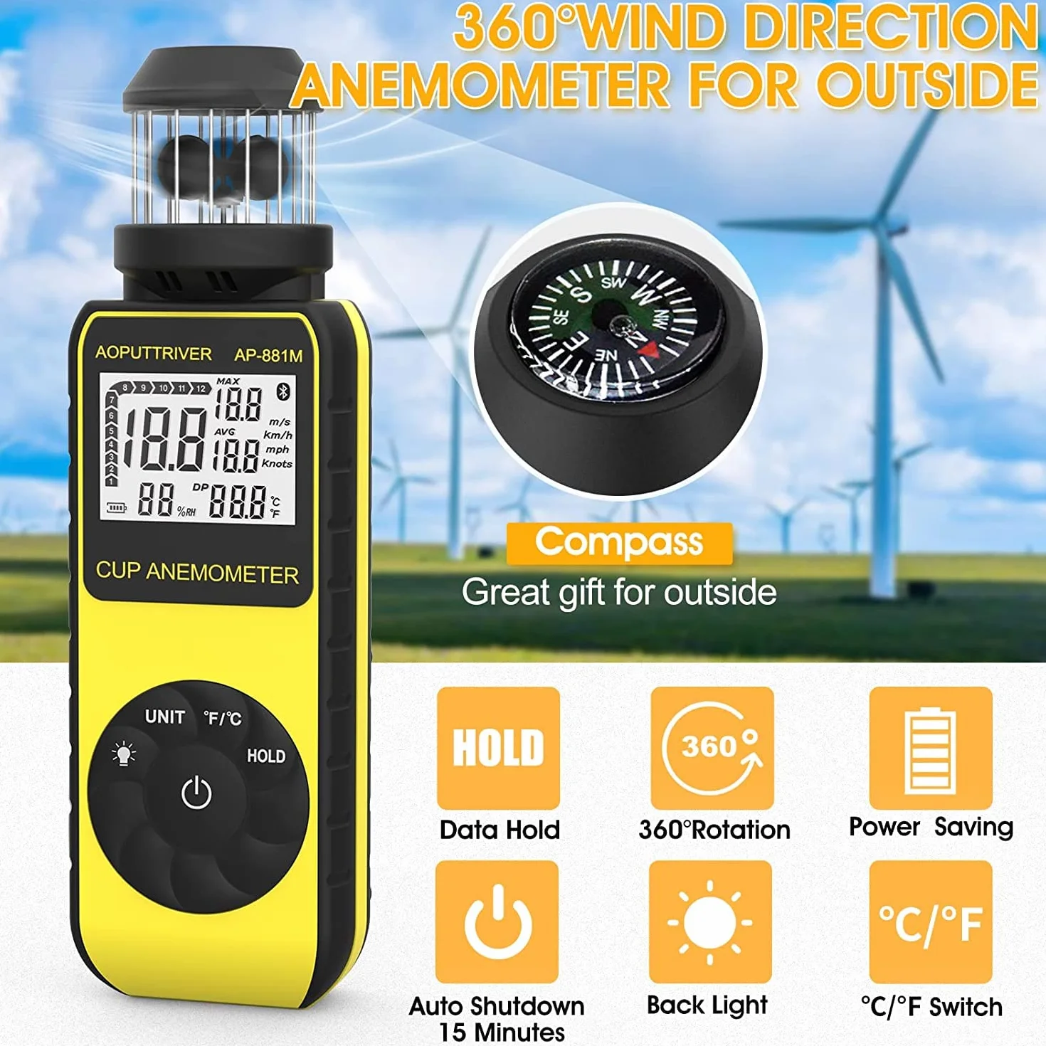 Anemómetro digital AP-881M Medidor de velocidad del viento portátil 360° Brújula