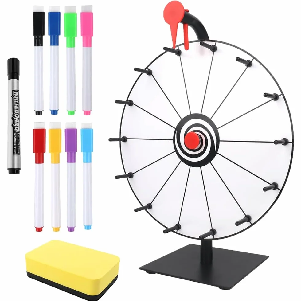 Rueda de la Fortuna 30 cm con 14 Ranuras, Juego de Ruleta Giratoria con Borrador y Rotulador para Carnaval
