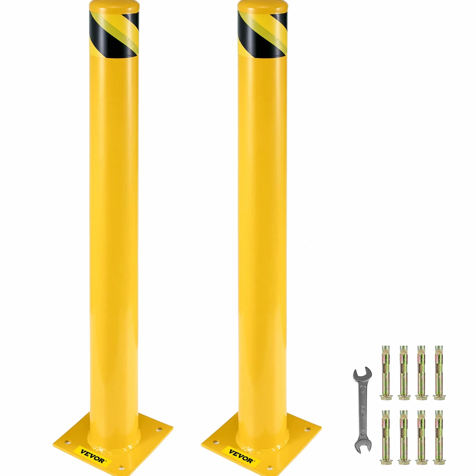 VEVOR Bolardo de Seguridad 107x14 cm 2 Piezas Bolardo de Seguridad de Tubo de Acero Recubrimiento de Polvo Amarillo Barrera de Seguridad con 8 Pernos de Anclaje para Aparcamiento, Peatones, Escuelas