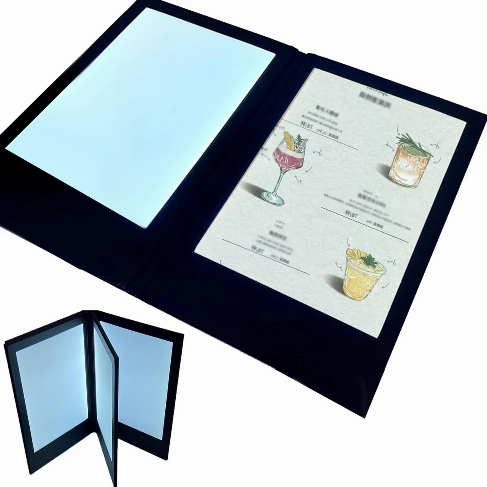 Soporte de menú iluminado LED, cubierta retroiluminada recargable, doble panel plegable para restaurantes, bares, hoteles, cenas finas