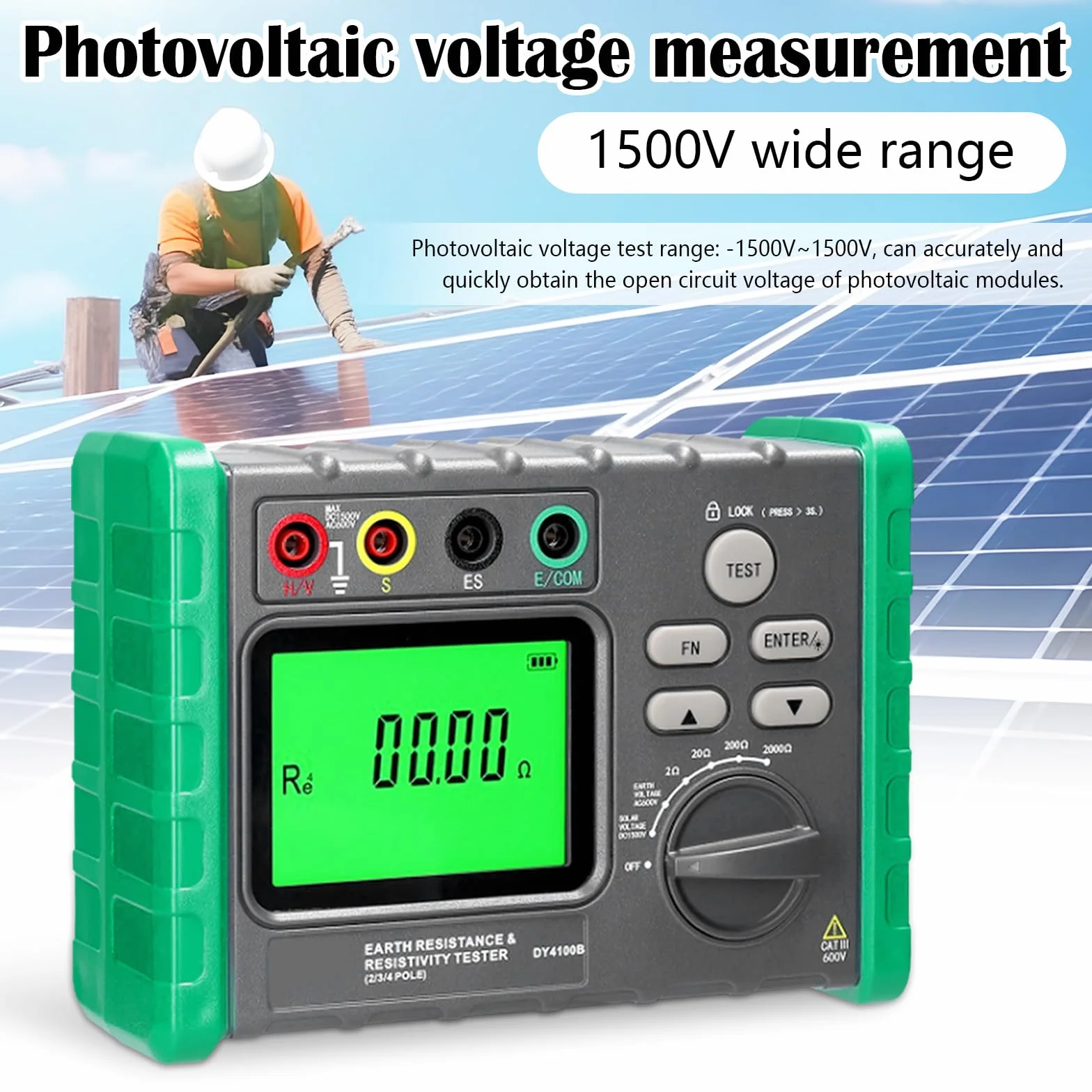 Probador de Resistencia de Aislamiento y Megóhmetro Digital, 0-2000 Ω/ohm Voltaje de Tierra AC 0-600 V, Voltaje Fotovoltaico DC 0-1500 V