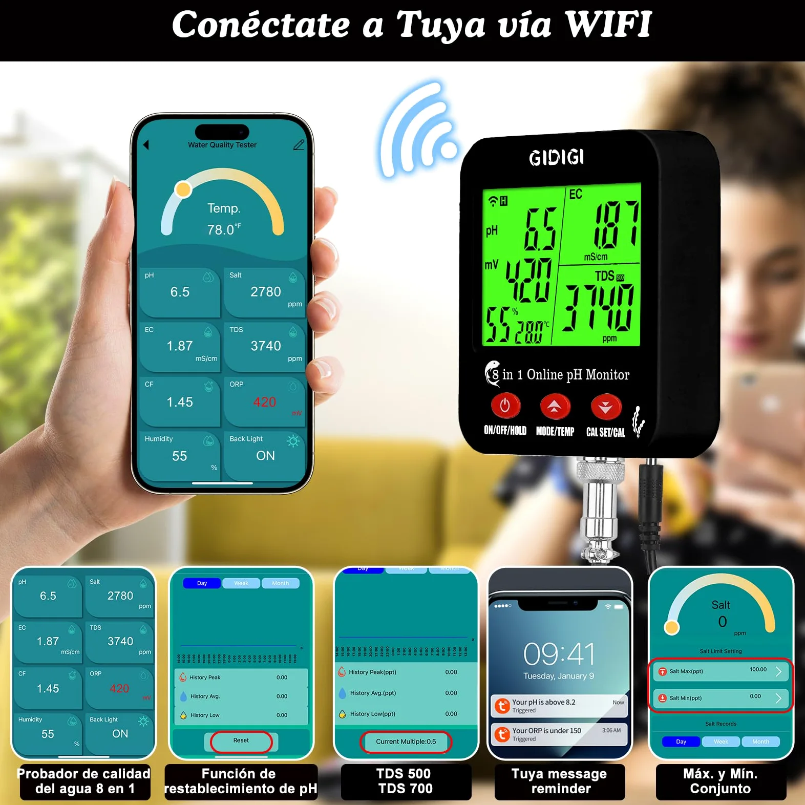 Medidor pH Acuario inteligente, Continuo pH Hidroponia Monitor | Pantalla Grande Puede Mostrar Múltiples Parámetros Simultáneamente,8 en 1 pH EC PPM ORP Sal y Humedad para Acuario,Hidroponia