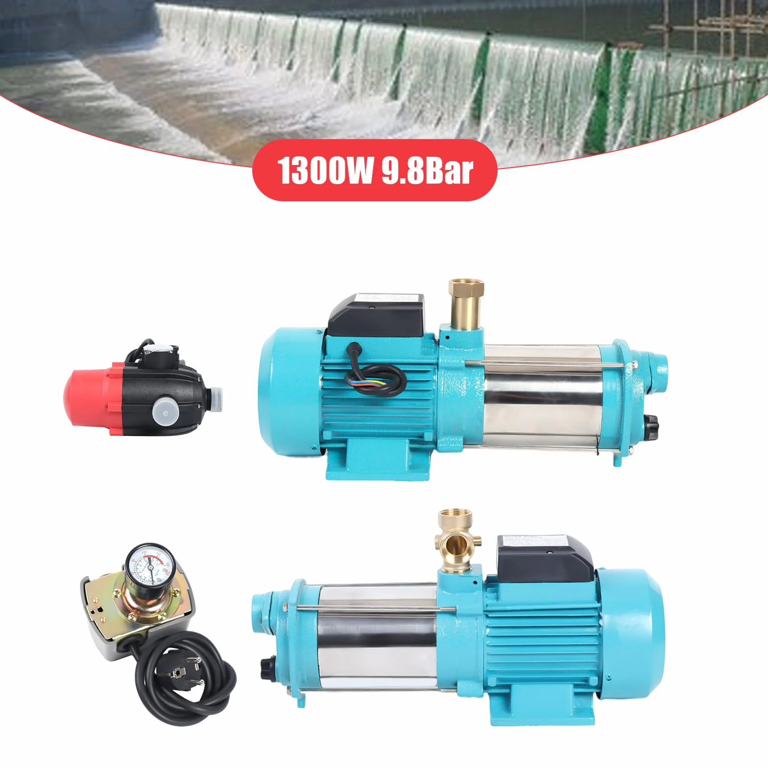 Bomba centrífuga de 1300 W, bomba de agua doméstica, bomba de riego con caudal de 4000 l/h, bomba de superficie autocebante de acero inoxidable