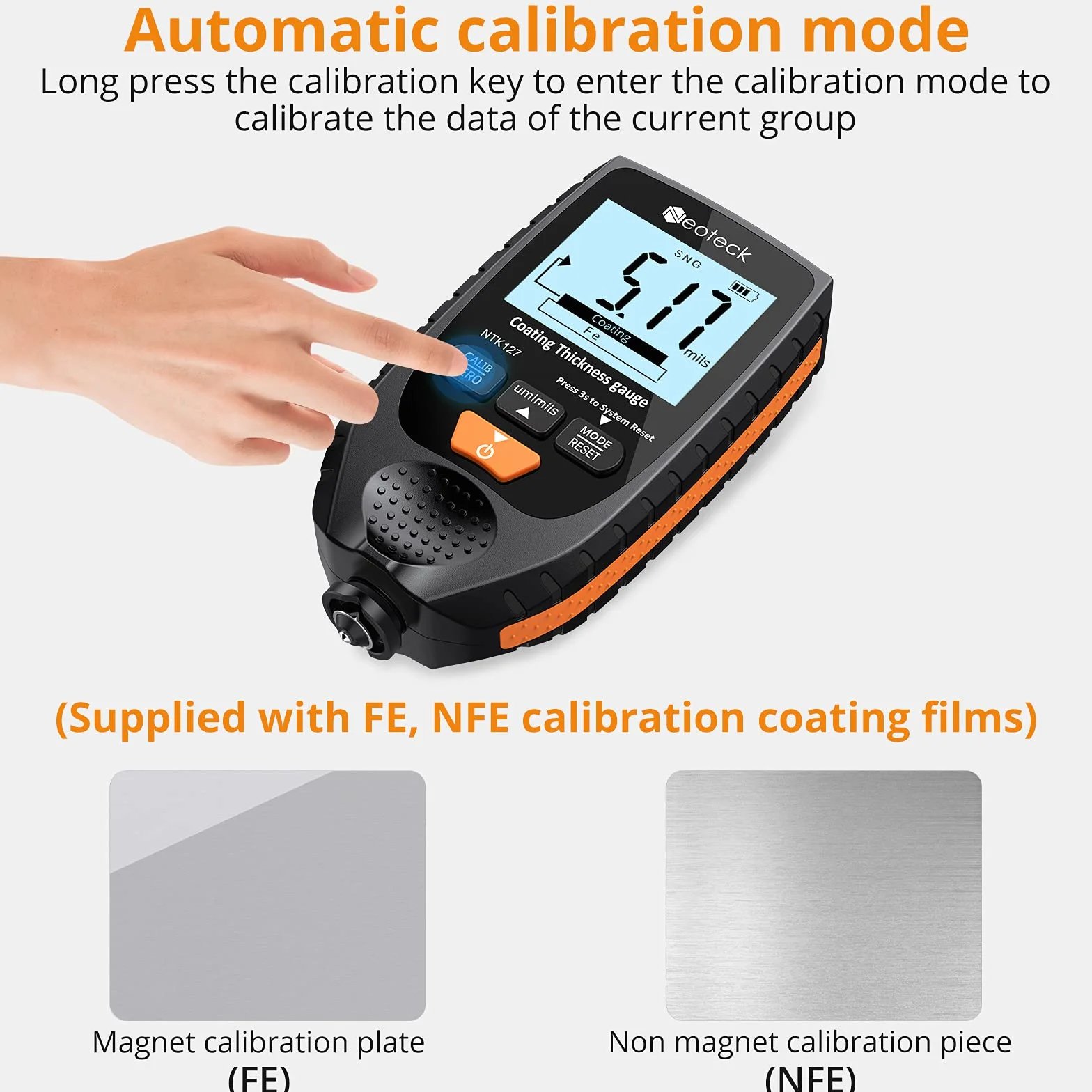 Neoteck Medidor de Espesor 0-1500um Medidor de Espesor de Recubrimiento de Pintura para Automóvil Sonda Fe&NFe con Retroiluminación para Automóviles de Metal con Base de Acero y Aluminio