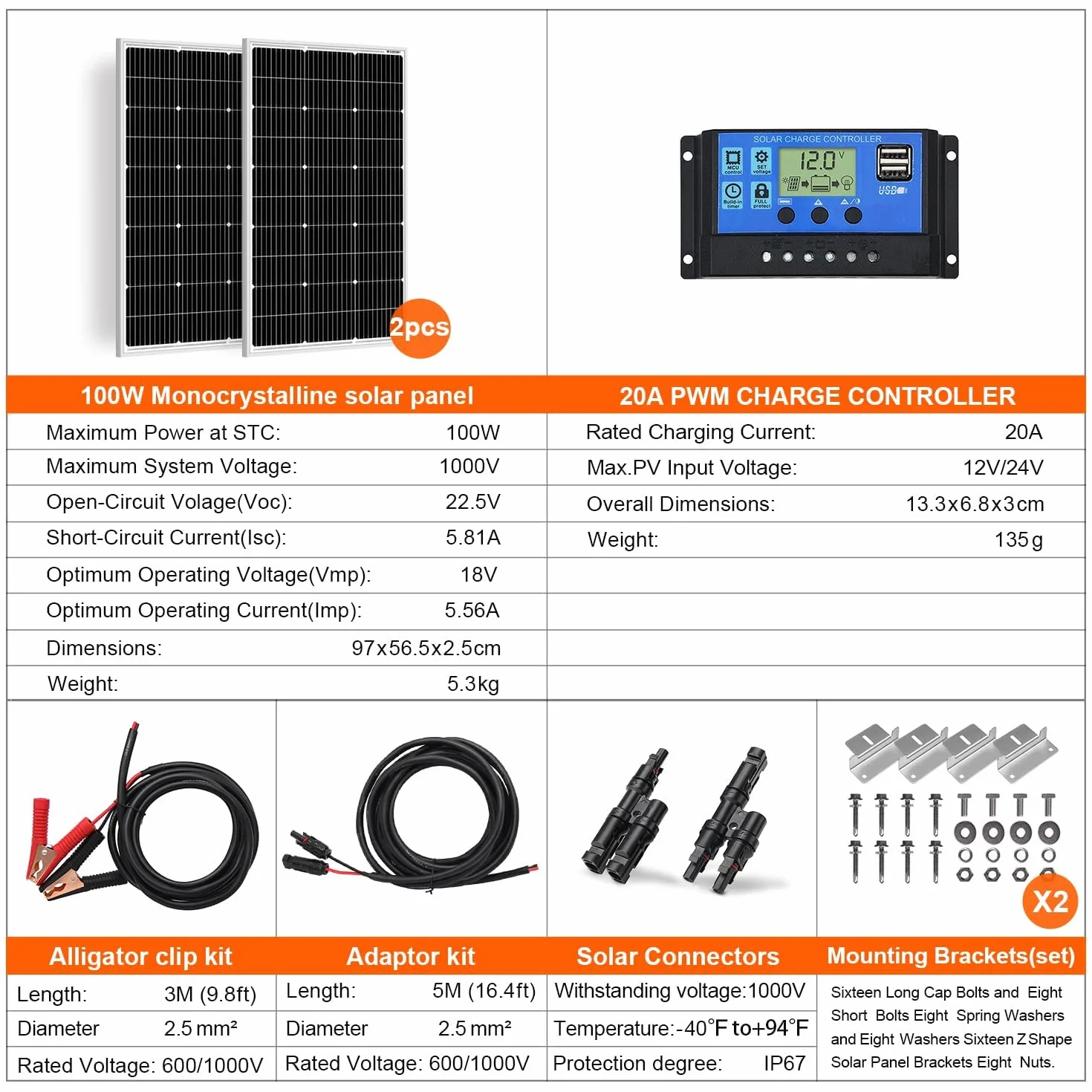DOKIO 2PC Panel Solar 100W 18V Monocristalino 200W para carga de batería de 12V