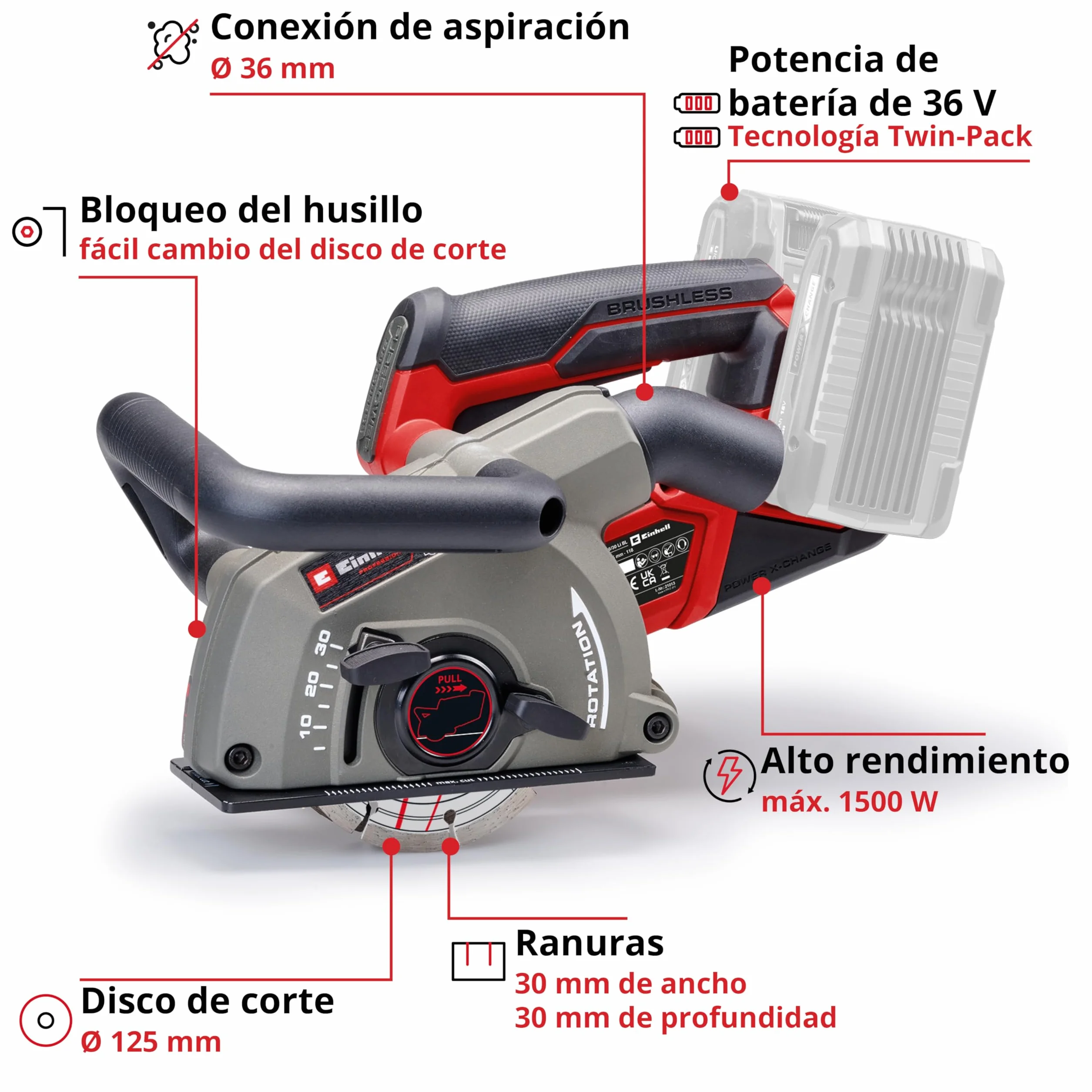 Einhell Professional Rozadora con batería TP-MA 36/30 Li BL-Solo Power X-Change (36 V, 1500 W, anchura de corte hasta 30 mm, profundidad de corte hasta 30 mm, incl. 2 discos de corte de diamante)
