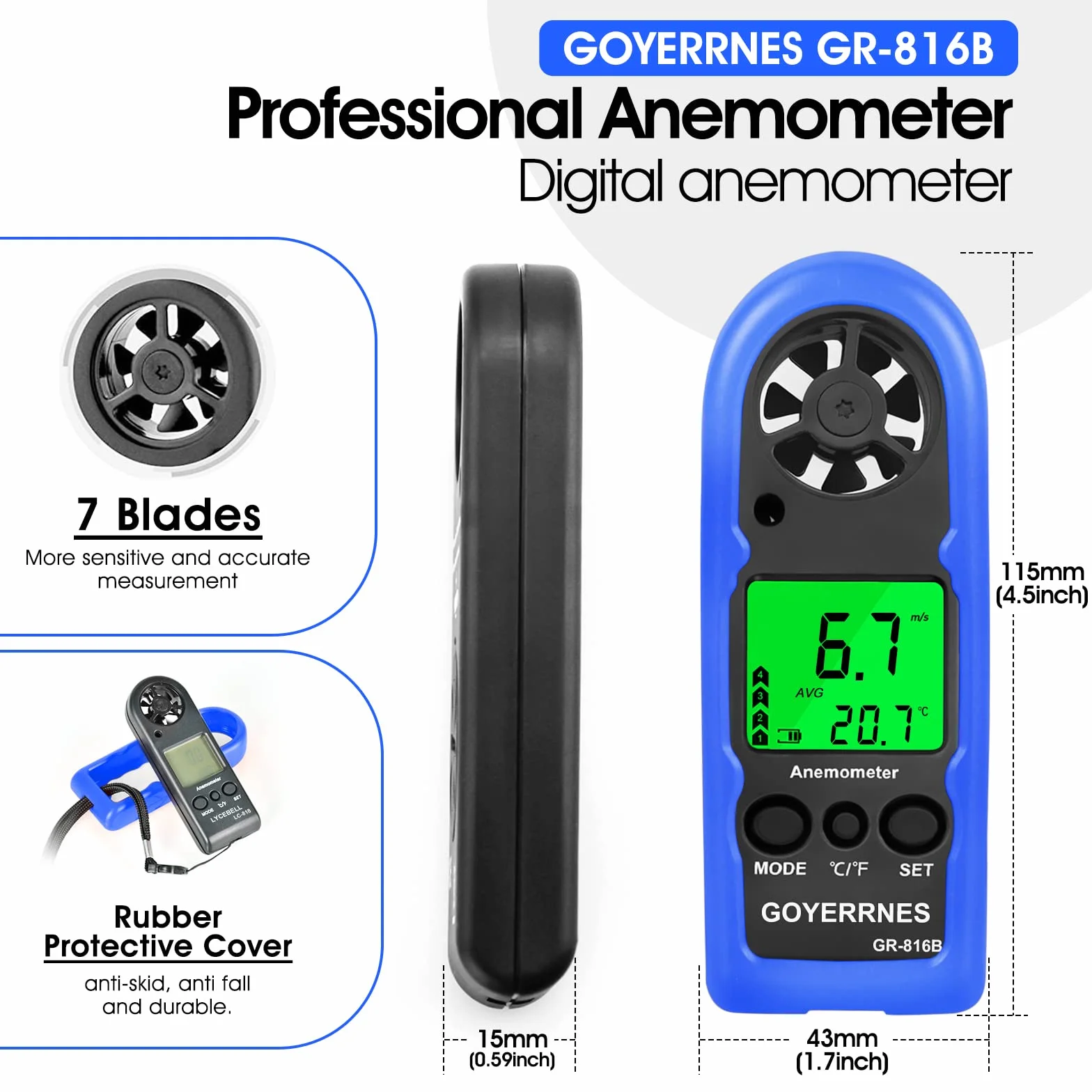 Anemómetro Digital GR-816B Portátil 0.3-30m/s Retroiluminación Velocidad del Viento Temperatura